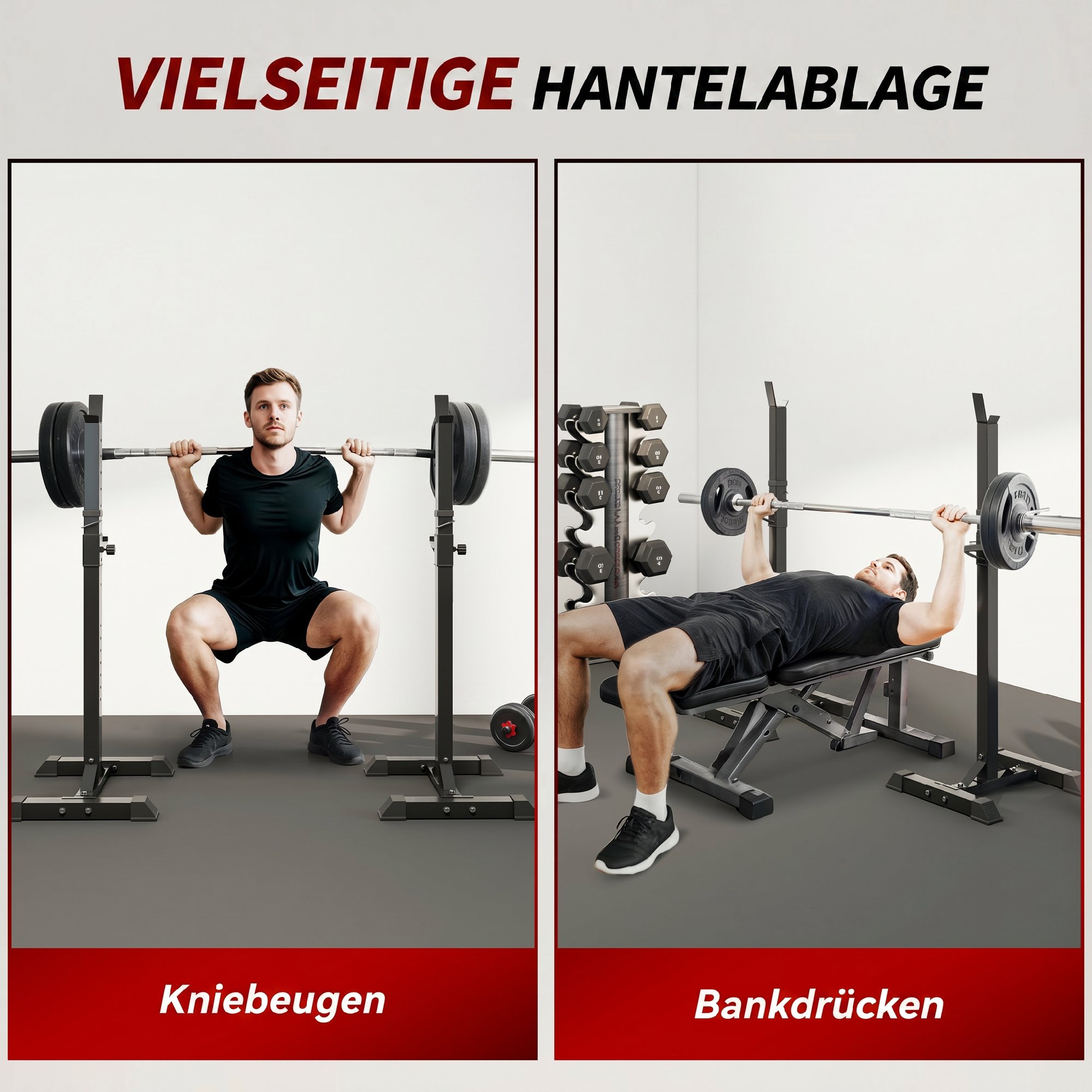 Hantelständer, 2er-Set, bis 150 kg belastbar, höhenverstellbar, Stahl, weiß+schwarz, 52 x 48 x 160 cm