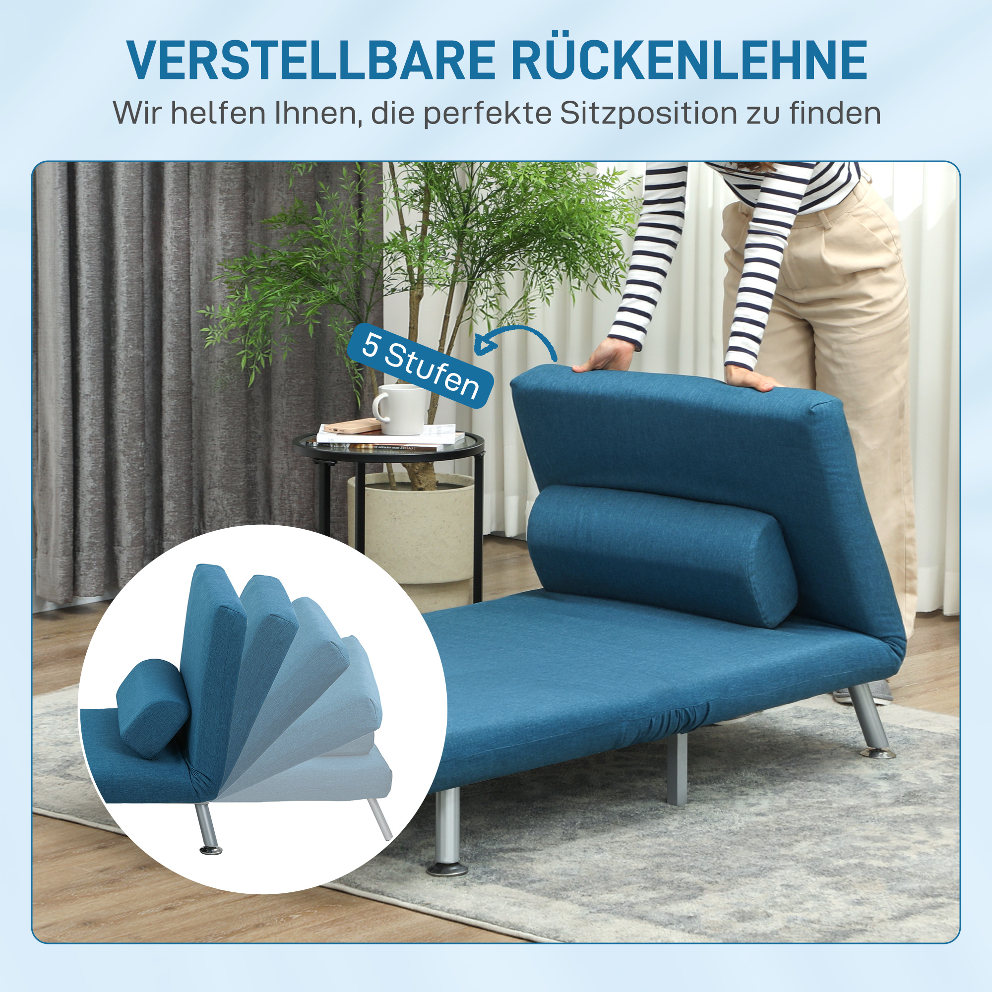 Klappsessel mit Bettfunktion, klappbarer Relaxsessel in Leinenoptik, Verstellbare Rückenlehne, 75 x 70 x 75 cm, Blau