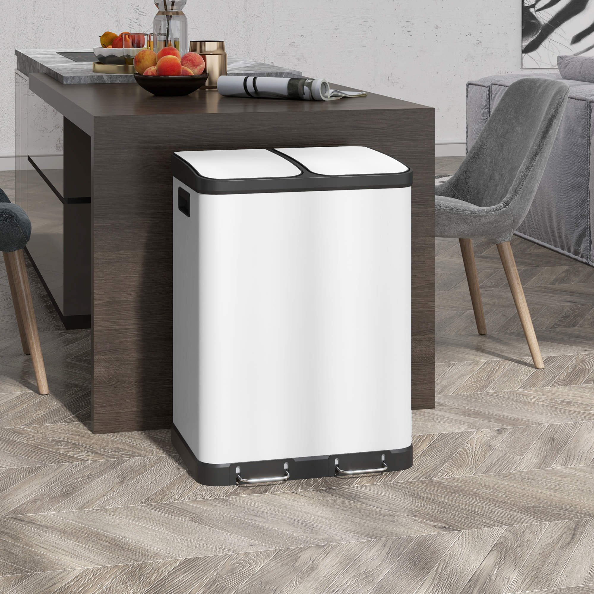 Doppelfach-Mülleimer, 2 x 30l, fingerabdruckresistent, Pedal, herausnehmbare Inneneimer, Grau