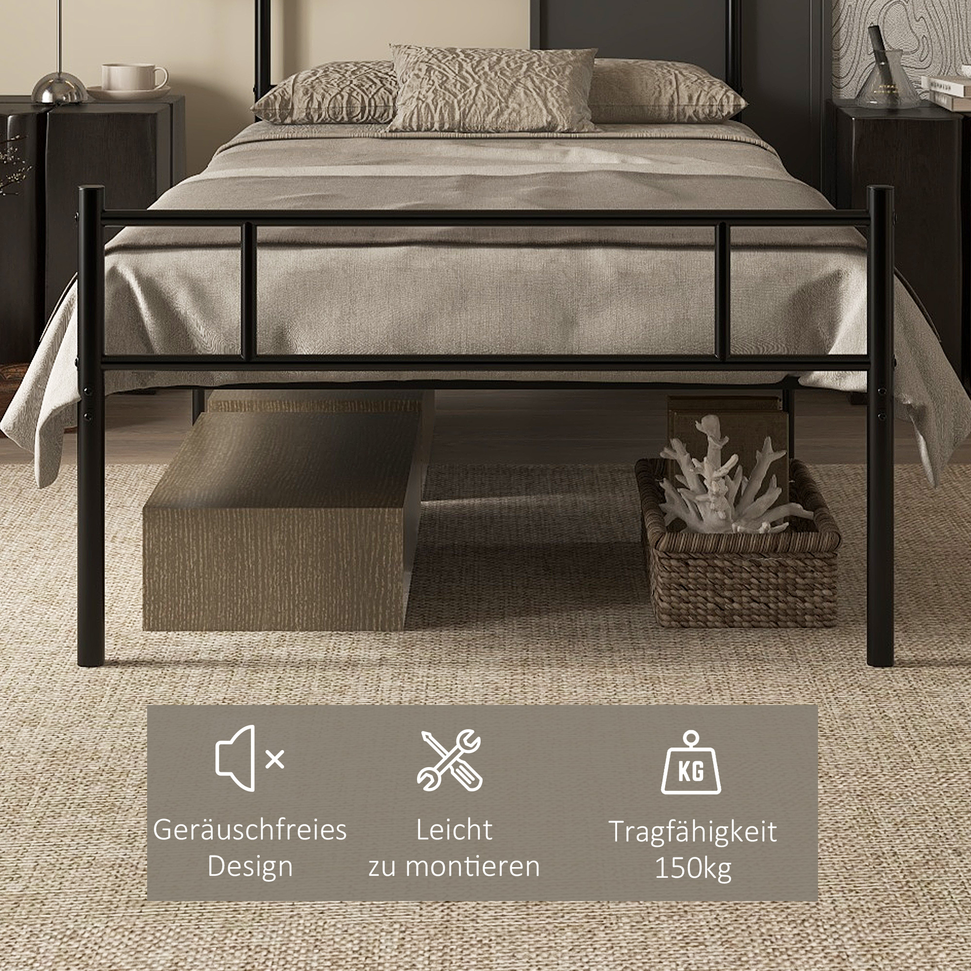 Bett 90 x 200 cm Stahl mit Lattenrost, Kopf- und Fußteil, 31 cm hoch Schwarz