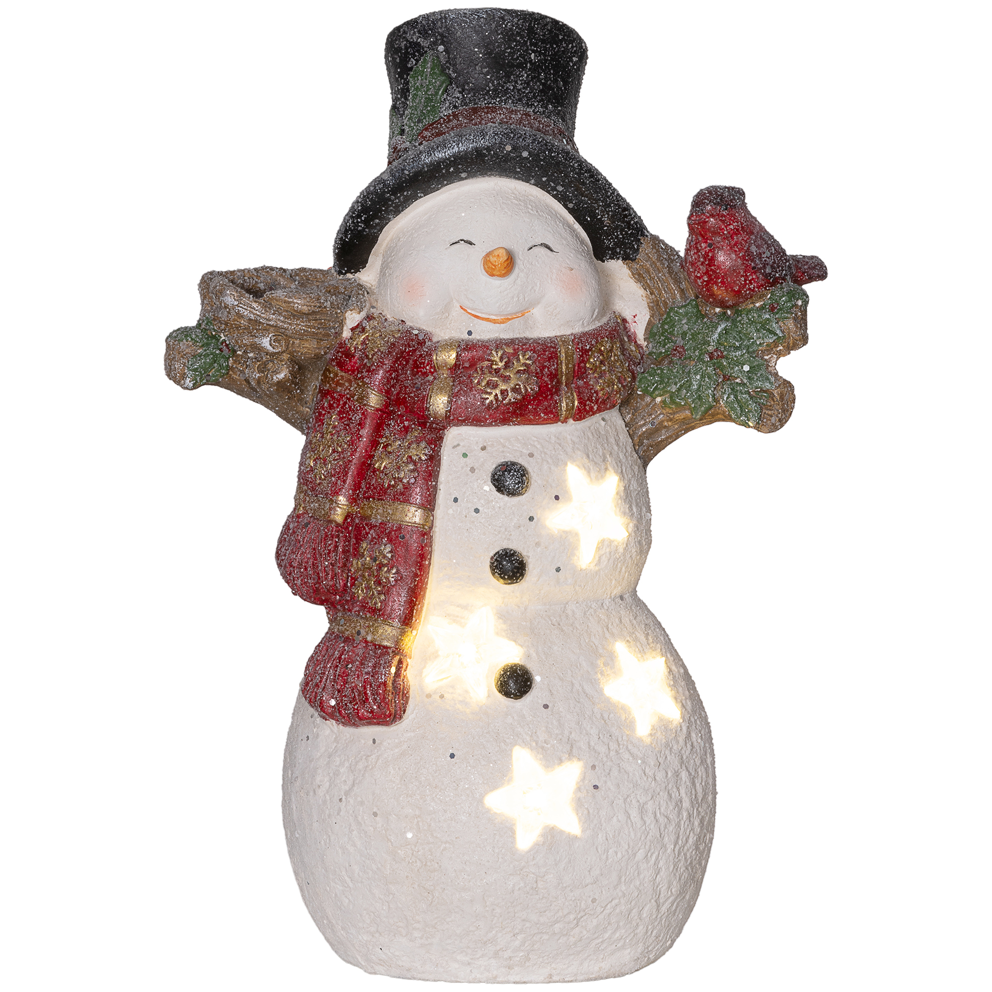 Weihnachtsdeko, Schneemann mit Vogel, 4 warmweiße LEDs, batteriebetrieben, 25 x 15,5 x 38 cm