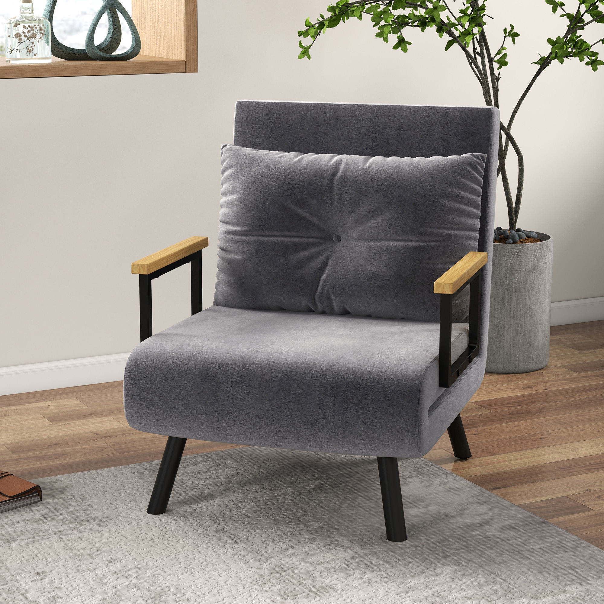 Relaxsessel im Skandidesign, Liegesessel, Lesesessel. ink. Kissen mit Knopfhefung, Schwarz + Natur