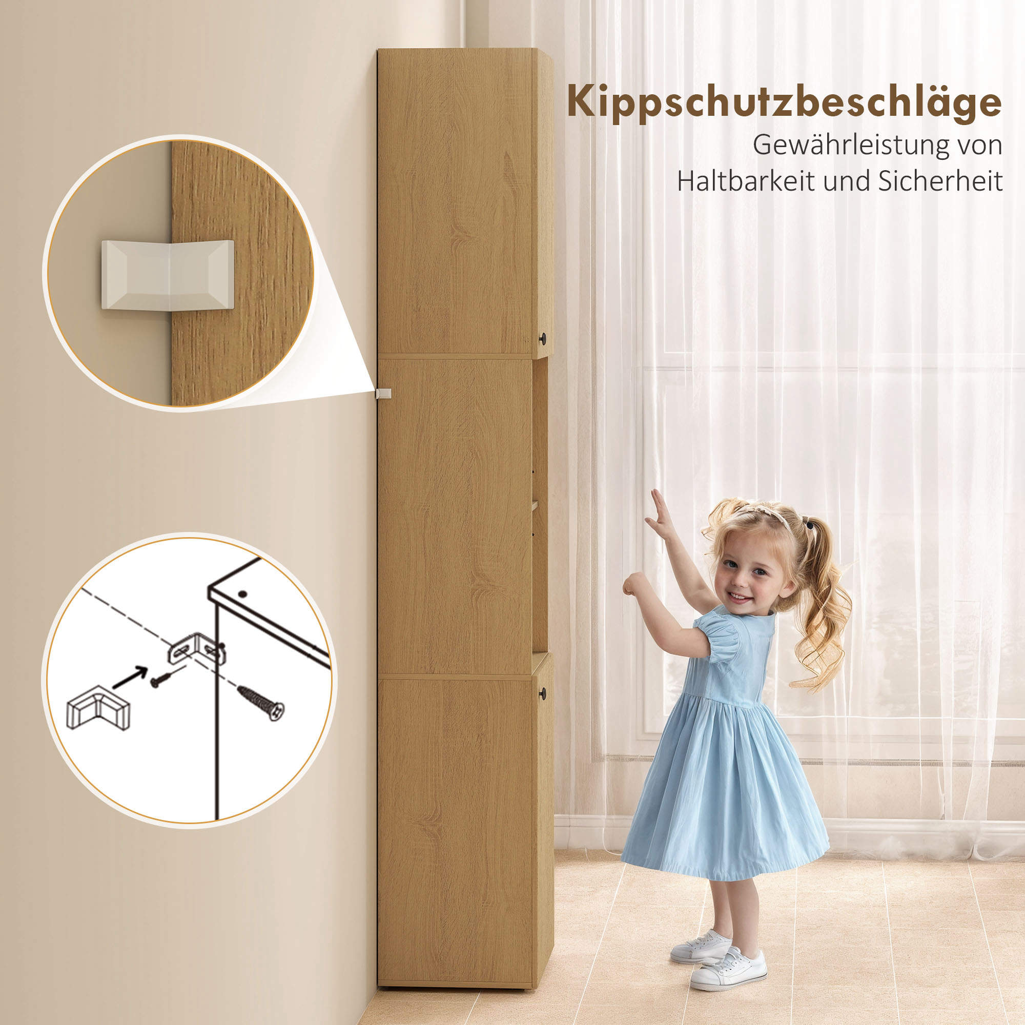 hoher Badezimmerschrank, 6 Ebenen, 2 Schränke, 2 offene Regale, offene Fächer, Holz, Eichenfarben