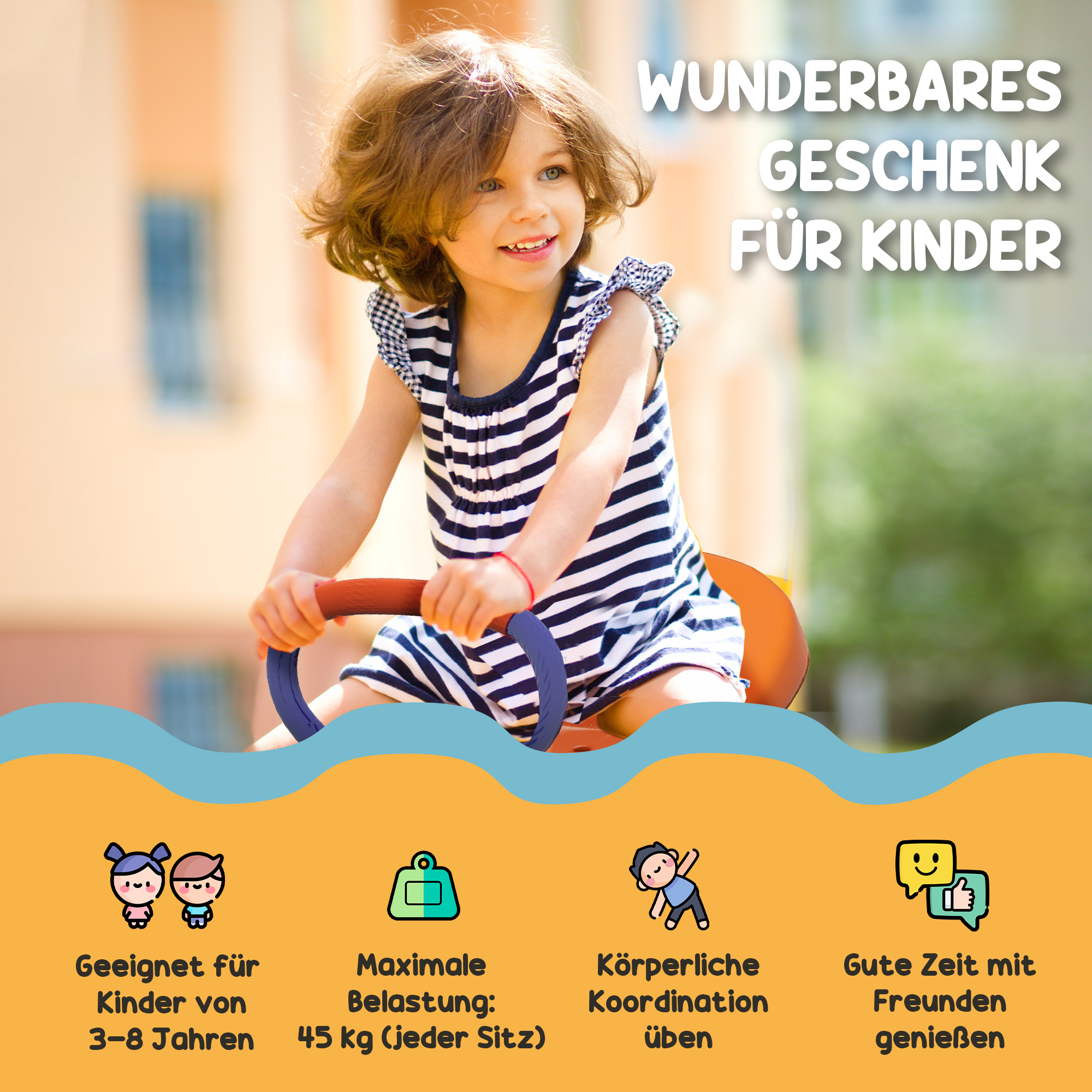 Kinderwippe 360° drehbar 2 Sitzer UV-besta?ndig Gartenwippe bis 90kg mit Griff 3-zackig Stützbeinen für Kinder 3-8 Jahre
