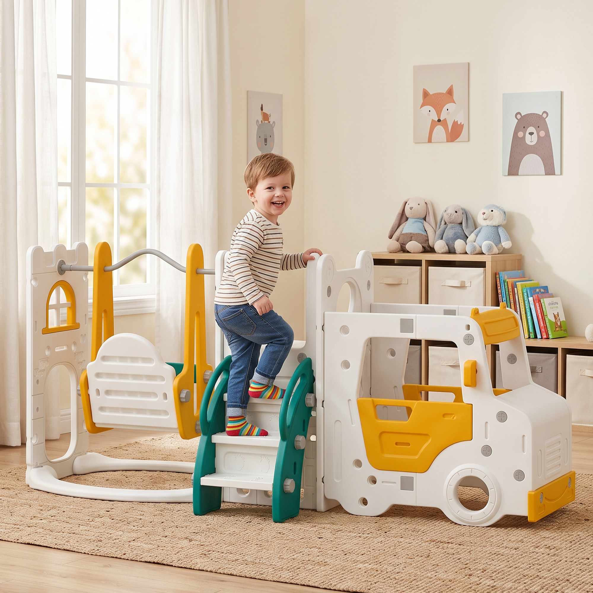 7 in 1 Kinderrutsche mit Schaukel Tunnel Gartenrutsche mit Auto Lenkrad Hupe Klettergerüst 4PCS Moduls 1–4 Jahre Weiß
