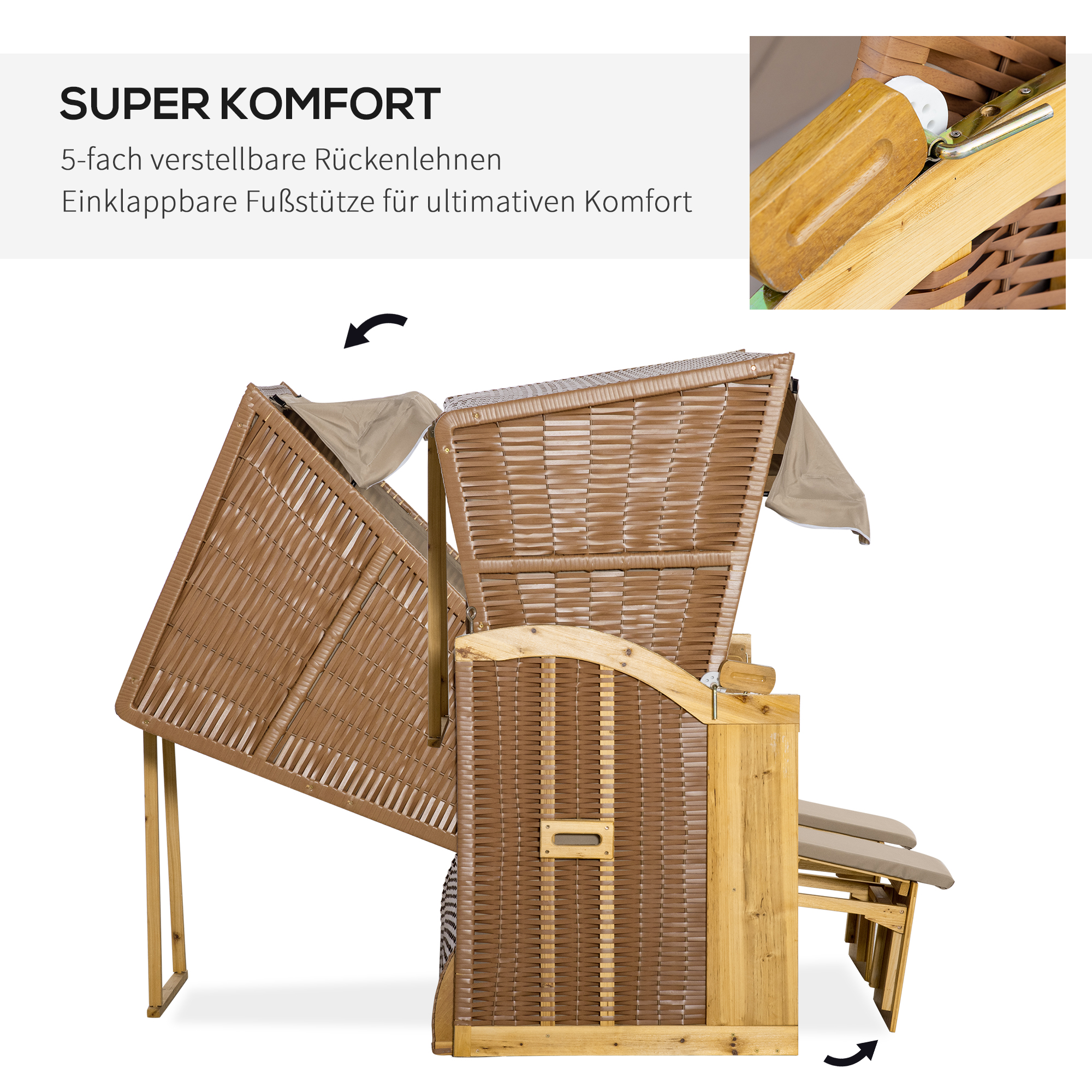 Strandkorb 3-Sitzer Sonnenliege mit Dach 2 Klapptischen Fußstütze Chaiselongue 5-stufige Rückenlehne XXL Polyrattan Natur 150 x 79 x 160 cm