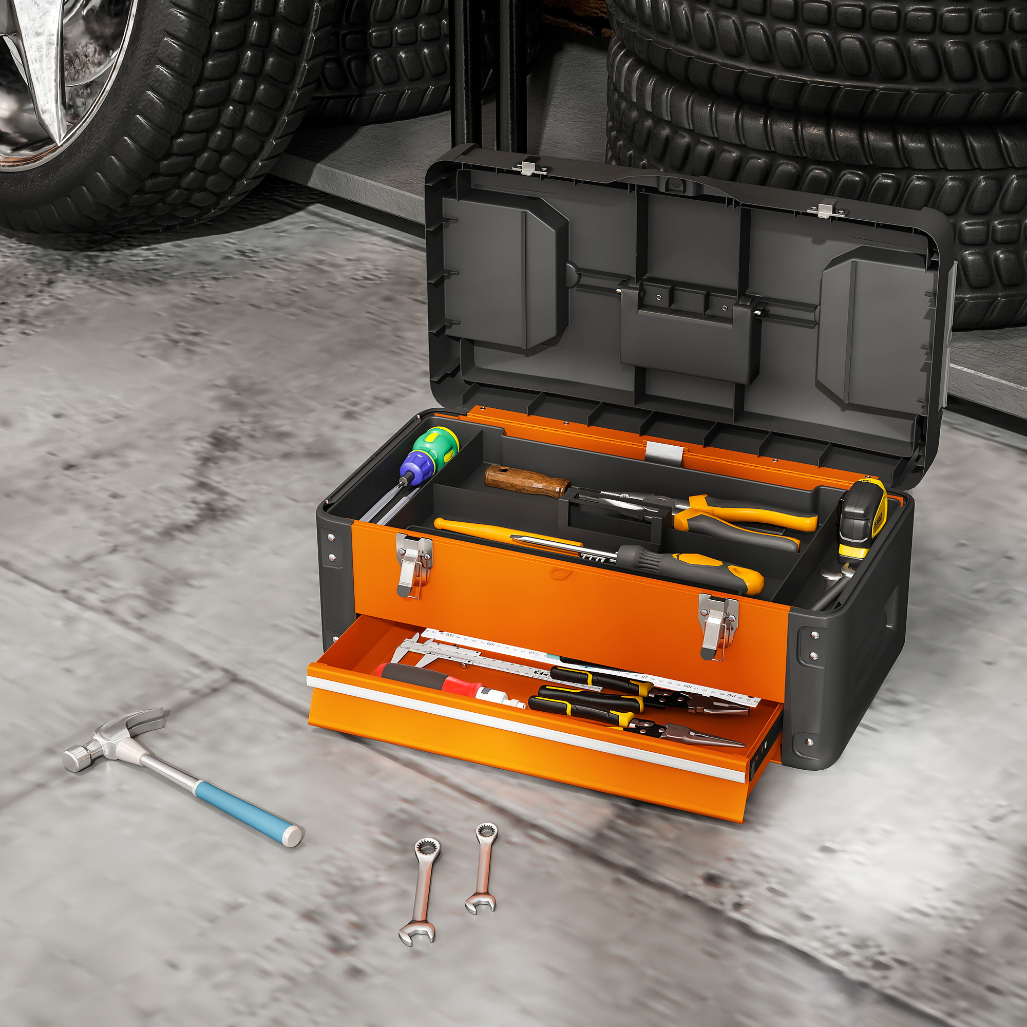 Werkzeugkiste leer, 49,7 x 25,3 x 23 cm Werkzeugkasten mit Schublade, Mini-Box Stahl Orange