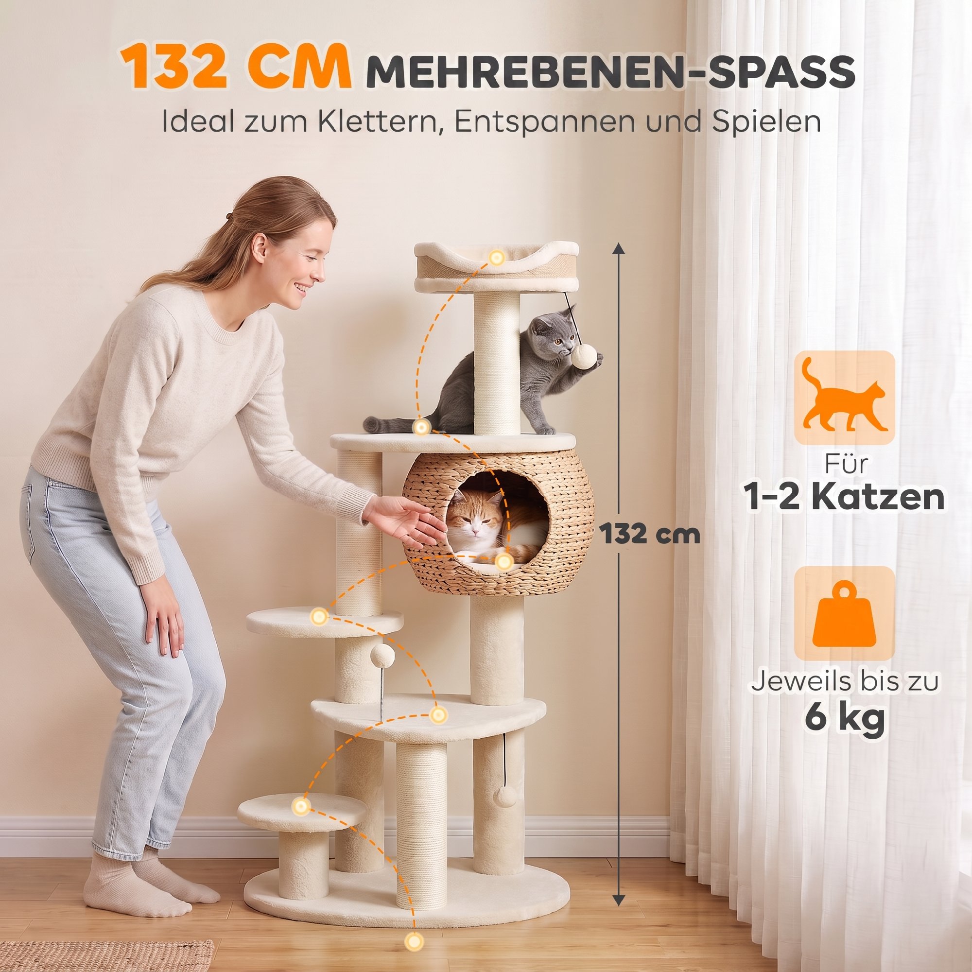 Kratzbaum Groß 132 cm hoch Katzenbaum mit Rohrkolben-Höhle Kratzstämmen Bett 3 Spielbällen Kippschutz 1-2 Katzen bis 6kg