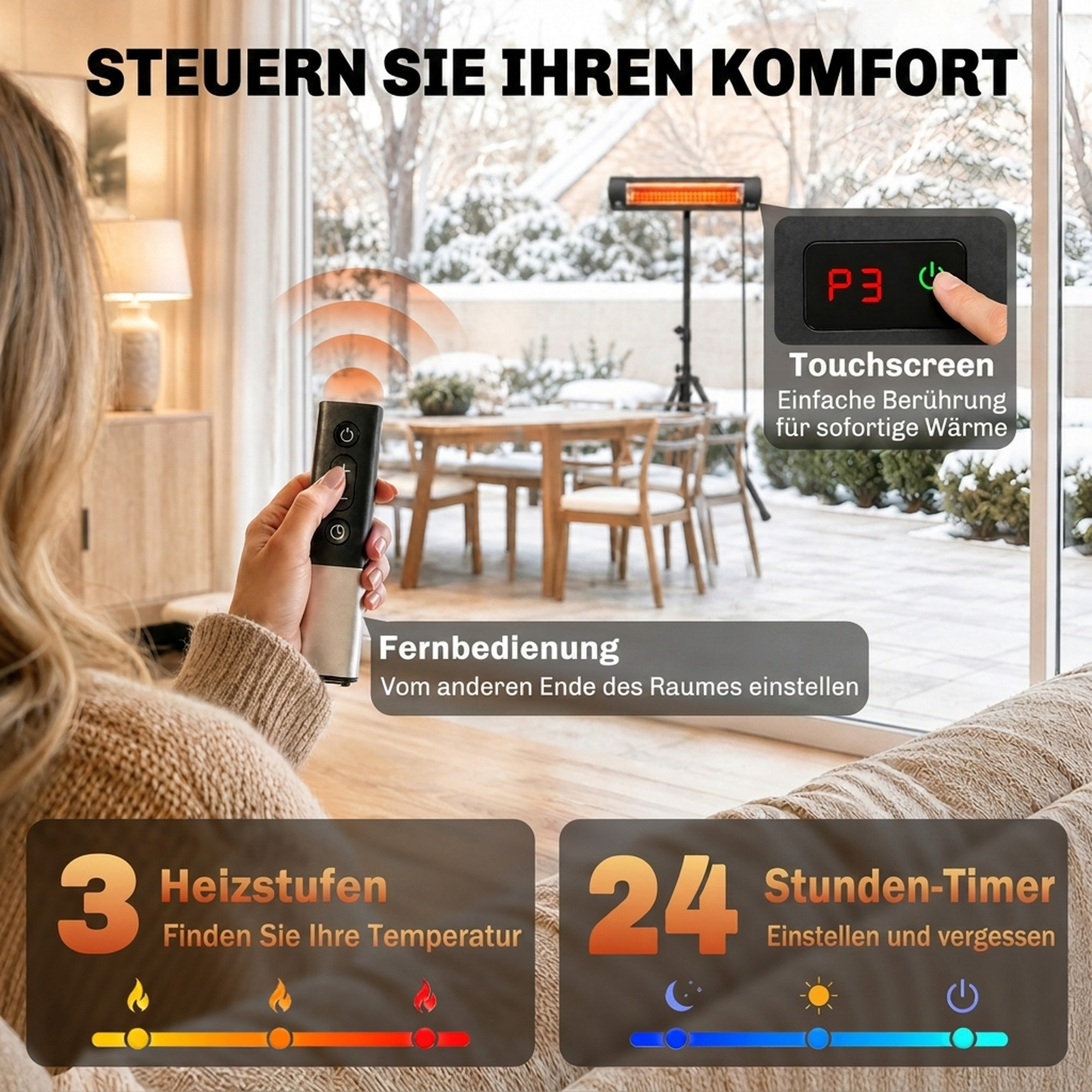 Infrarot Heizstrahler 2500W Terrassenstrahler mit Touch & Fernbedienung 3 Heizstufen höhenverstellbarem Standfuß