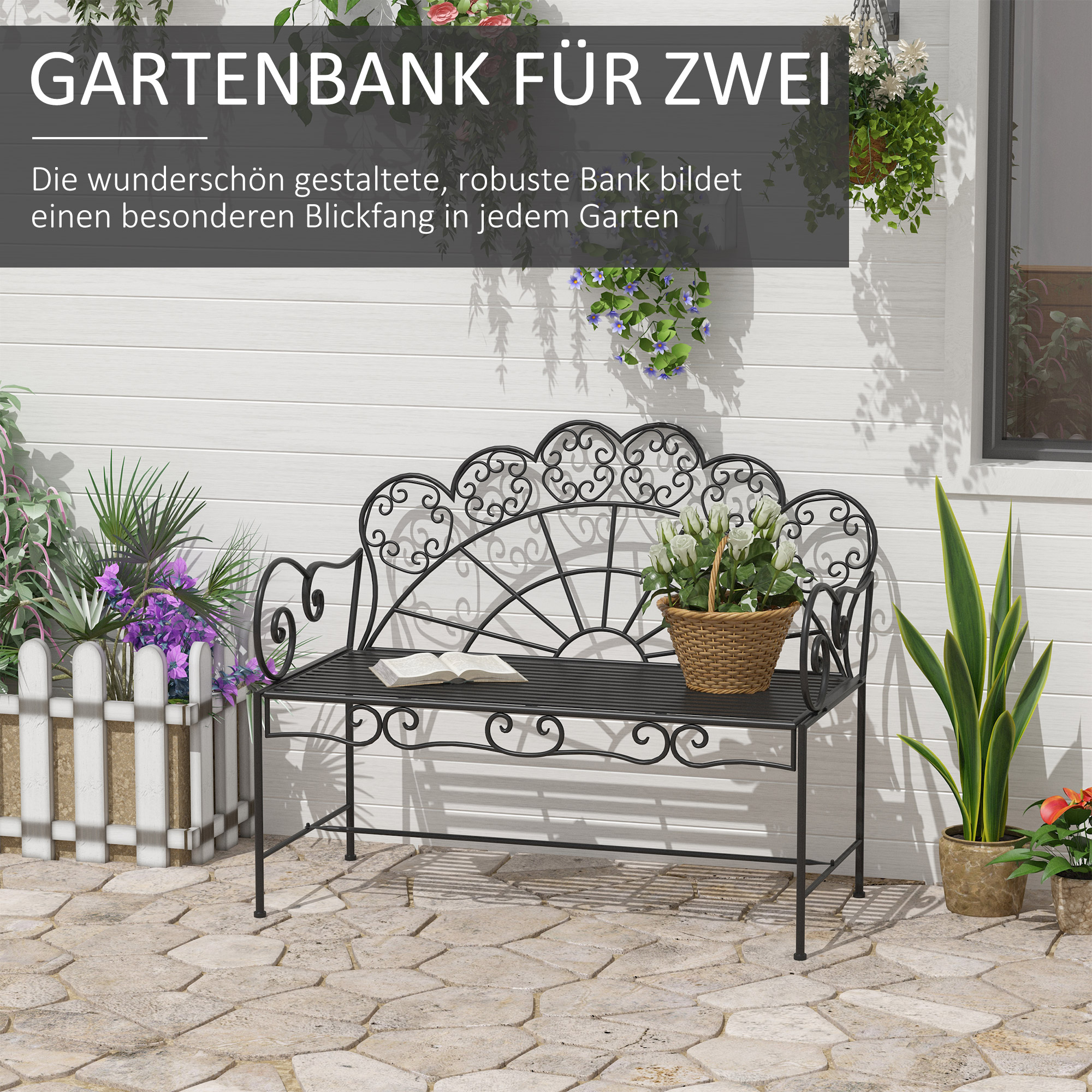 2-Sitzer Gartenbank robust, Parkbank rostfrei Sitzbank Bank Gartenmöbel für Terrasse, Garten und den generellen Außenbereich 107cm x 55,5cm x 90,5cm, Schwarz