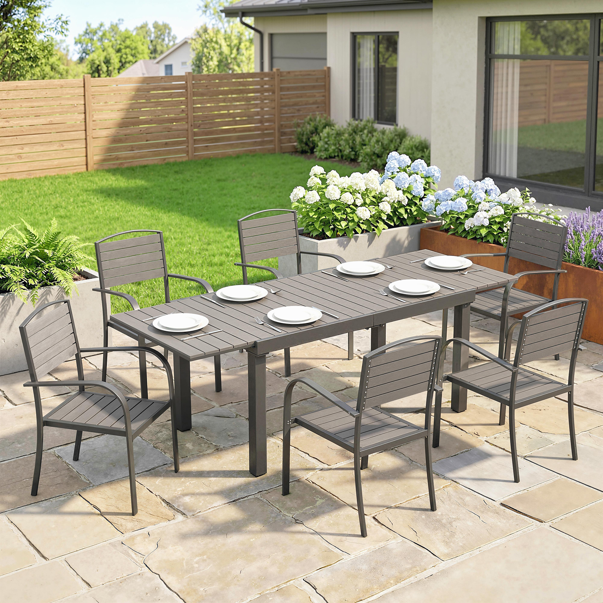 Gartenmöbel Set Sitzgruppe 7-teilig Ausziehbar Tisch mit 6 Stühlen Holzoptik Lamelldesign Aluminiumrahmen