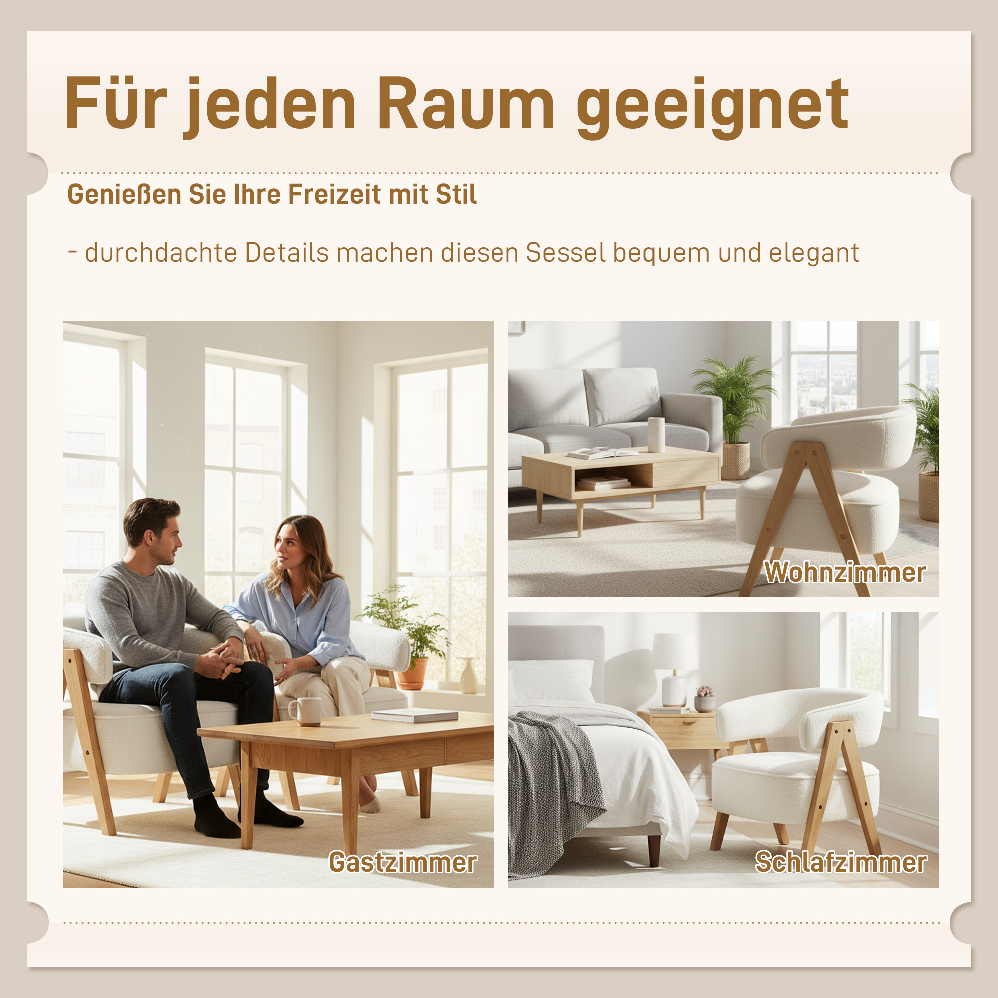 Moderner Polstersessel, Fleece-Bezug, Akzentstuhl, Armlehnstuhl mit Holzbeinen, Metallrahmen, Weiß