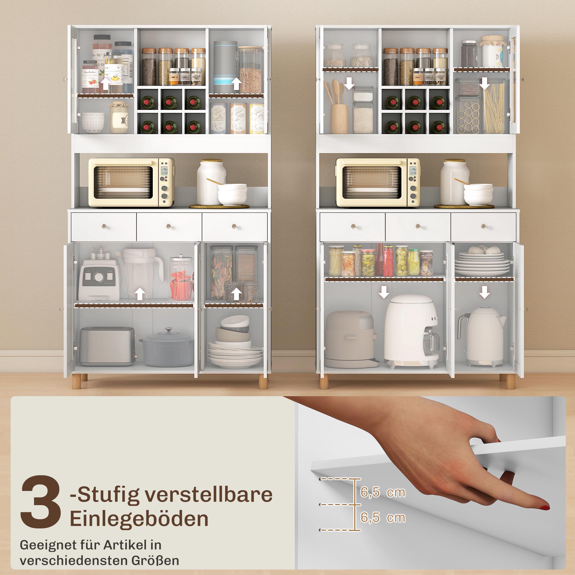 180 cm Küchenschrank, 2 Glastüren, 3 Schubladen, 4 verstellbare Regale, Esszimmerschrank, Spanplatte, Weiß