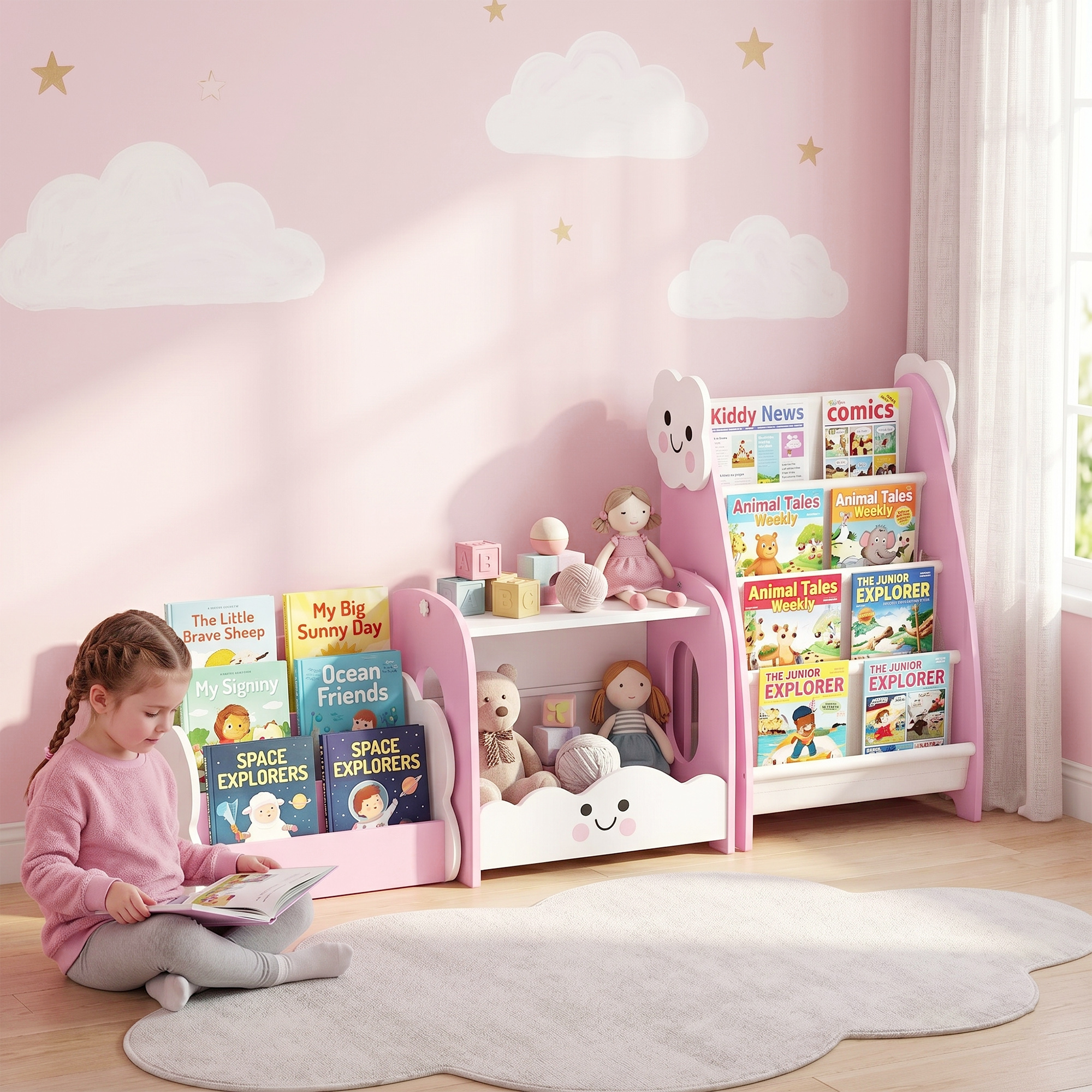 3-in-1 Kinderregal mit Spielzeugaufbewahrung, Modularer Bücherregal mit 4 Taschen & 3 Ebenen sowie Nachttisch, Rosa
