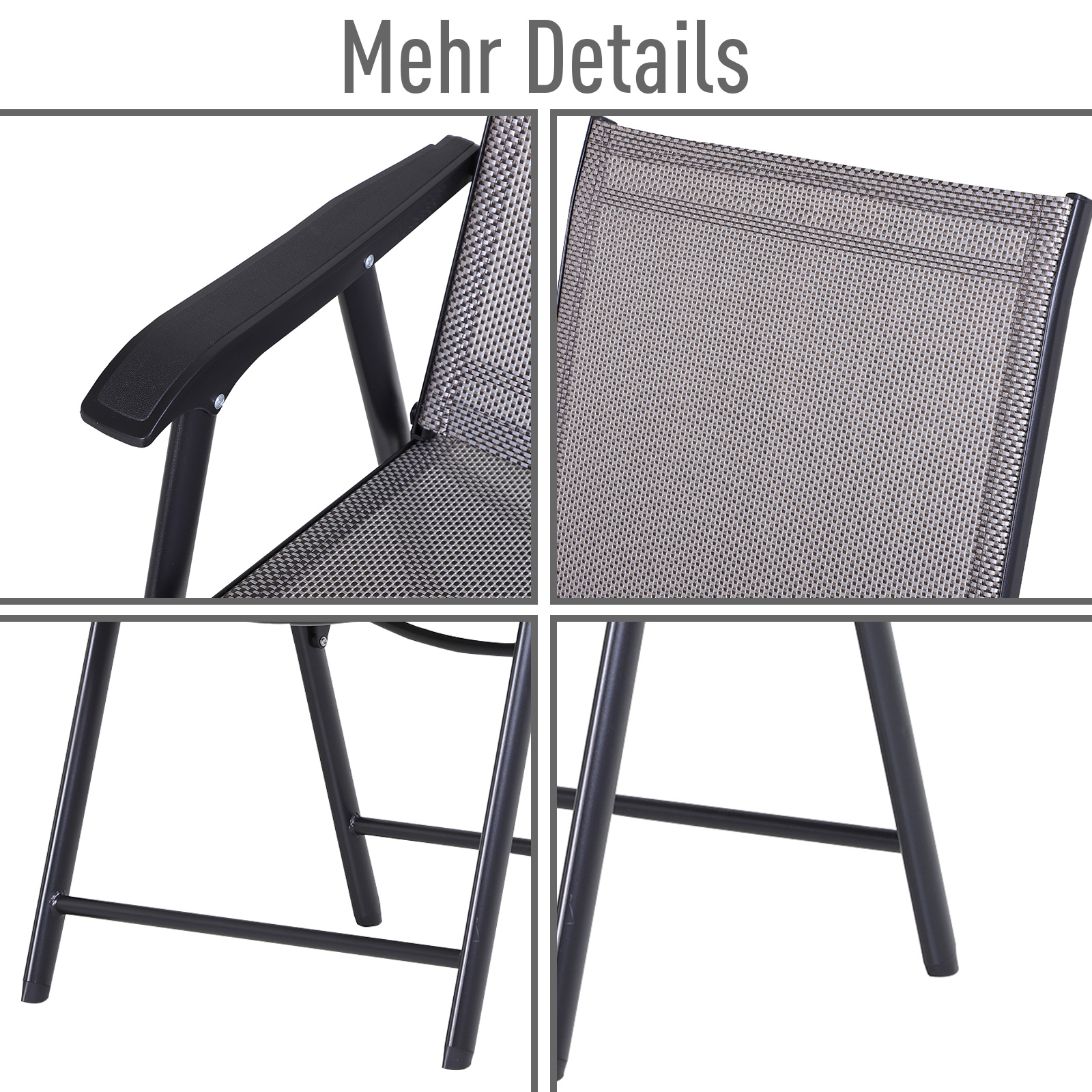 Klappstuhl mit Armlehne 2er Set Campingstuhl Angelstuhl Metall Grau 58 x 64 x 94 cm