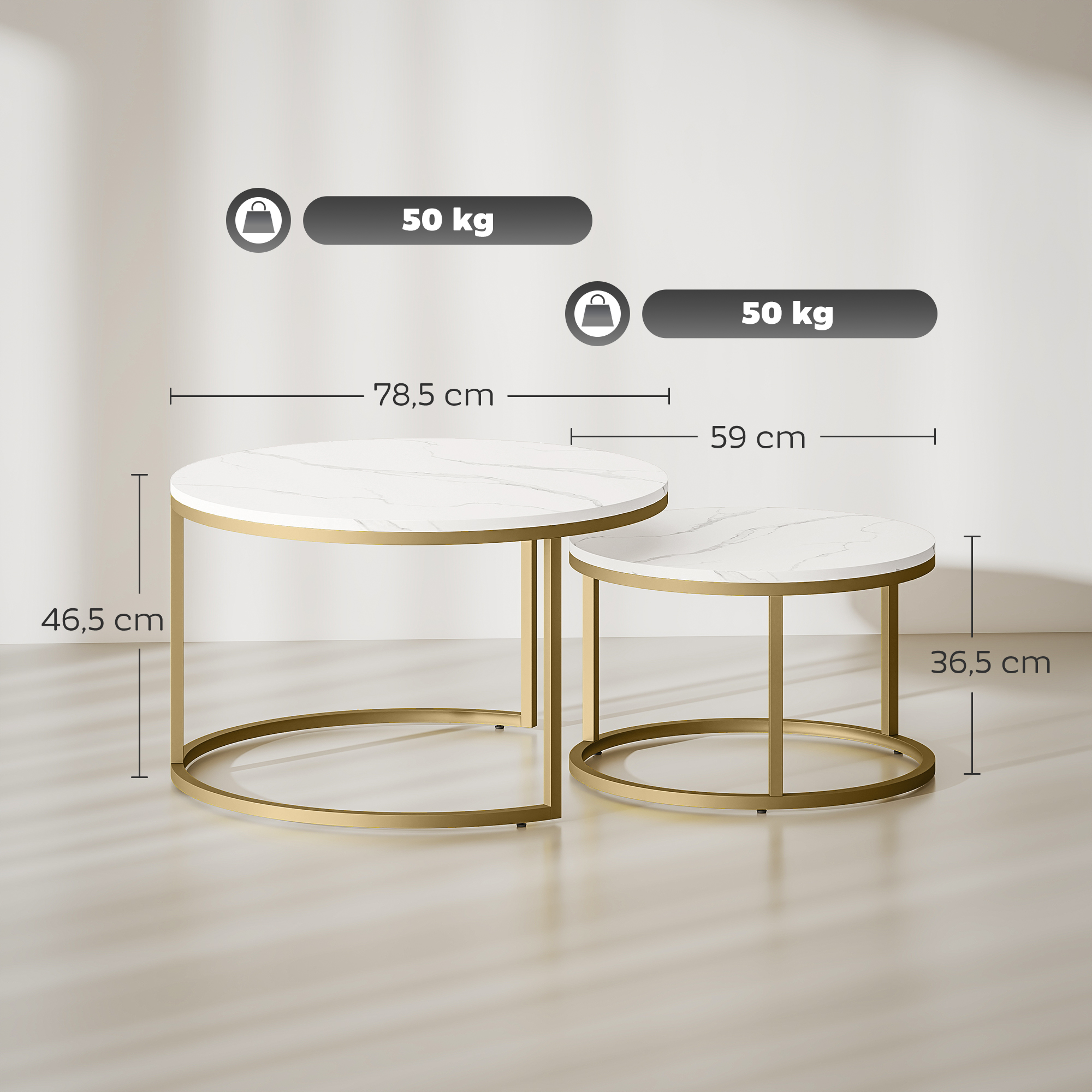 2er-Set runde Couchtische, stapelbare Beistelltische mit Metallrahmen, Wohnzimmertisch in Marmoroptik, Kaffeetisch, Grau