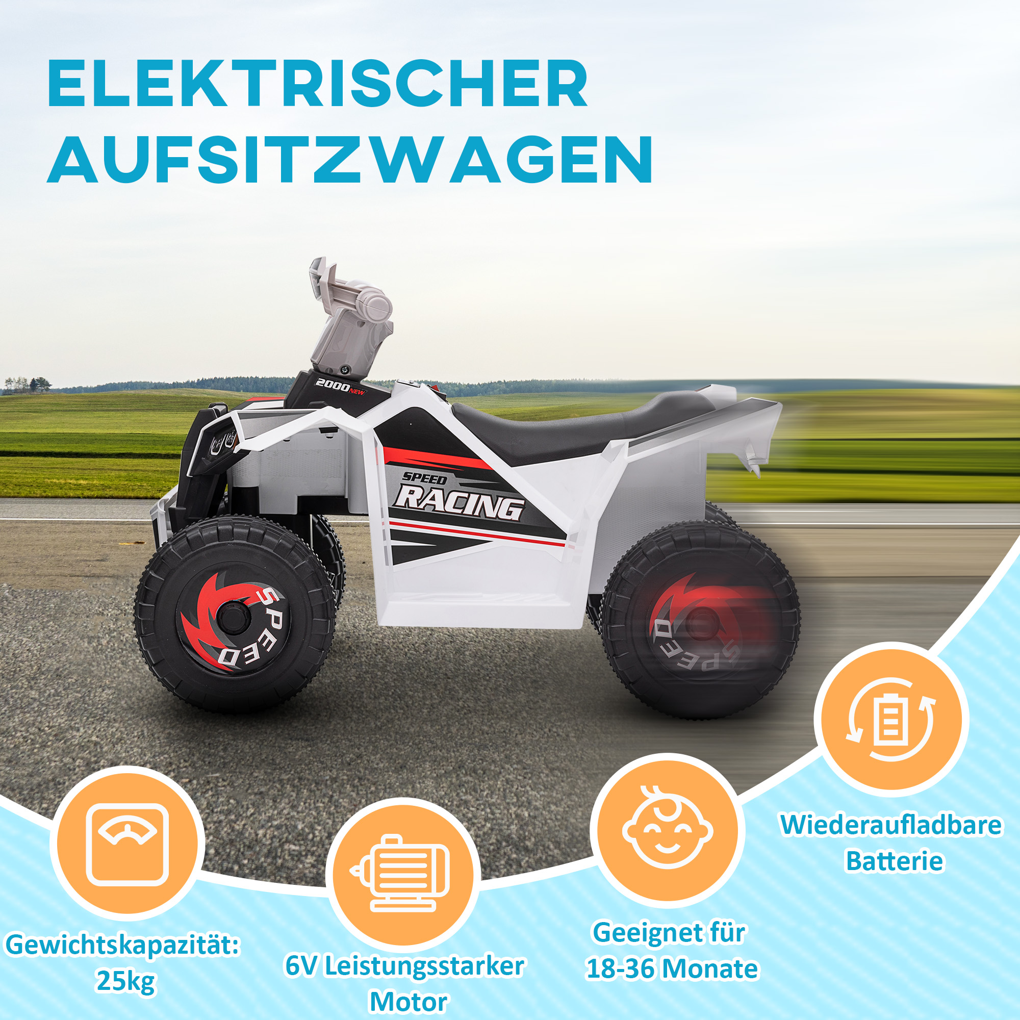 Elektro-Kinderquad, 2,5 km/h, Vorwärts- & Rückwärtsgang, für 18-36 Monate, Weiß