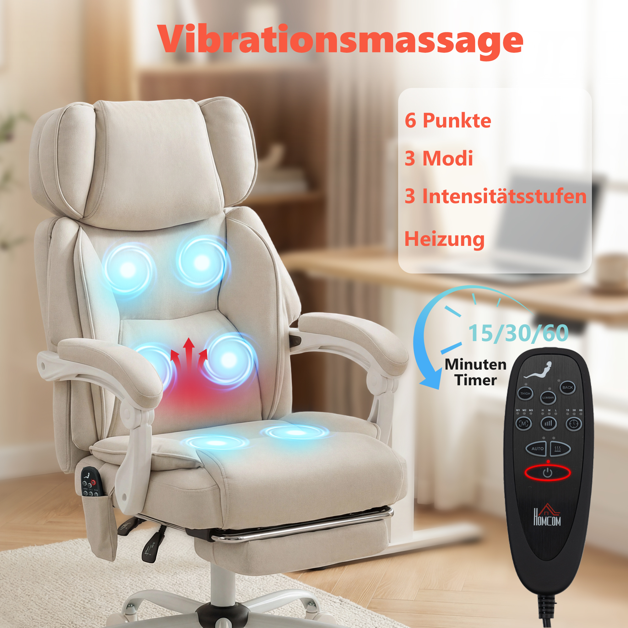 Hochlehner-Bürostuhl mit Vibrationsmassage und Heizung, ergonomisch, neigbar, mit Fußstütze, Cremeweiß