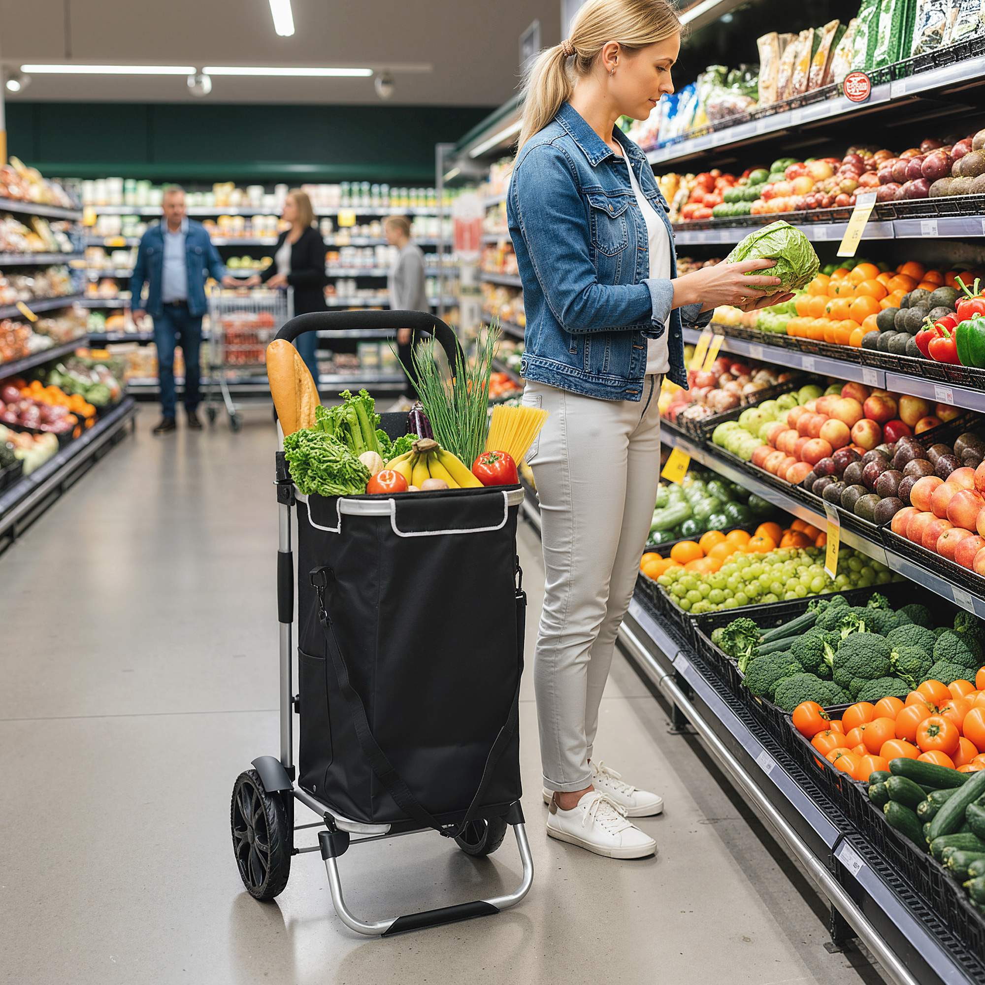 3-in-1 Einkaufstrolley klappbar mit 40L Kapazität belastbar Trolley bis 25kg mit Kühlfach Schwarz