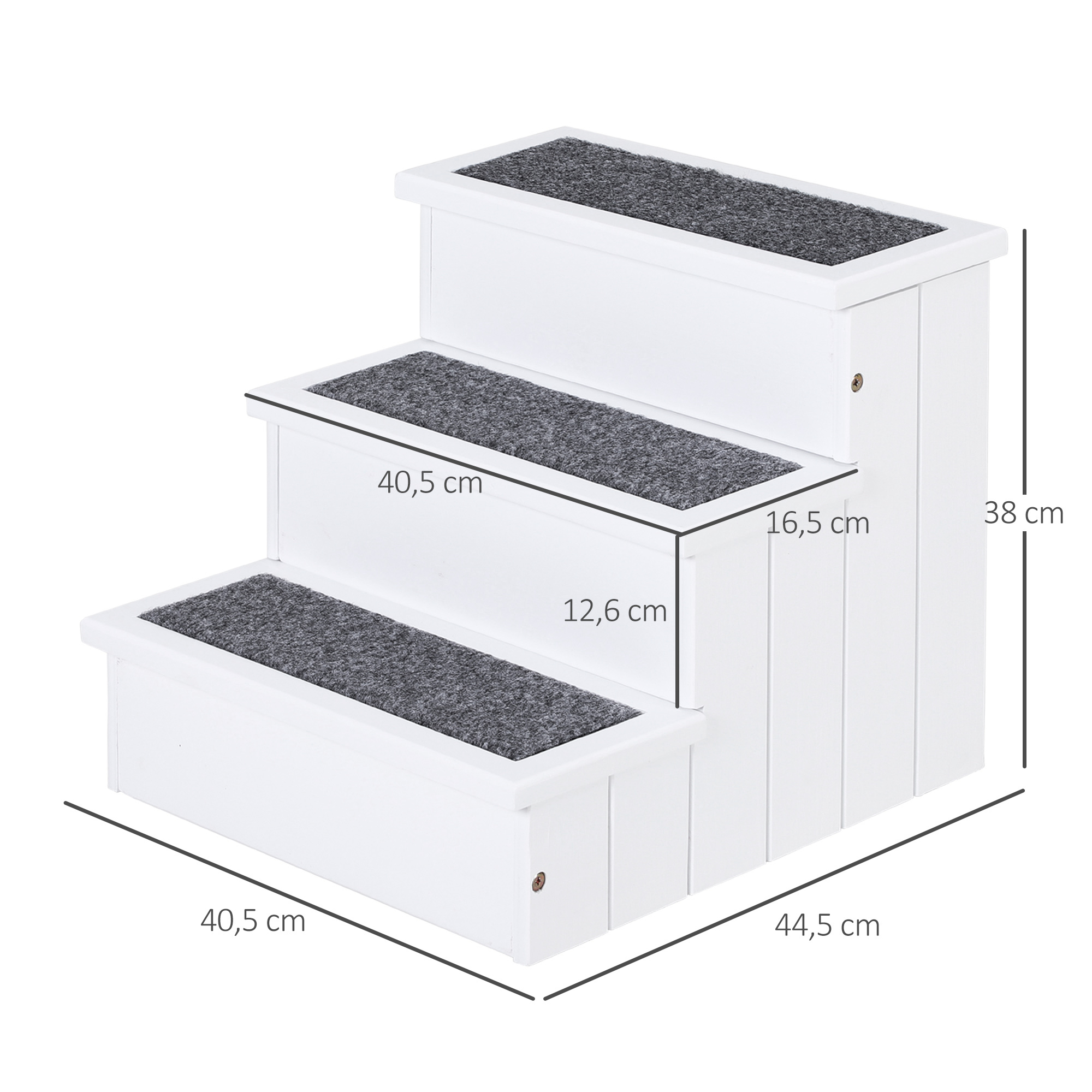 Hundetreppe 3 Stufen Katzentreppe Haustiertreppe Hundetreppe für Hunde und Katzen Tiertreppe Einstiegshilfe mit Teppich Stauraum für Sofa Bett Tannenholz Weiß 40,5 x 44,5 x 38 cm