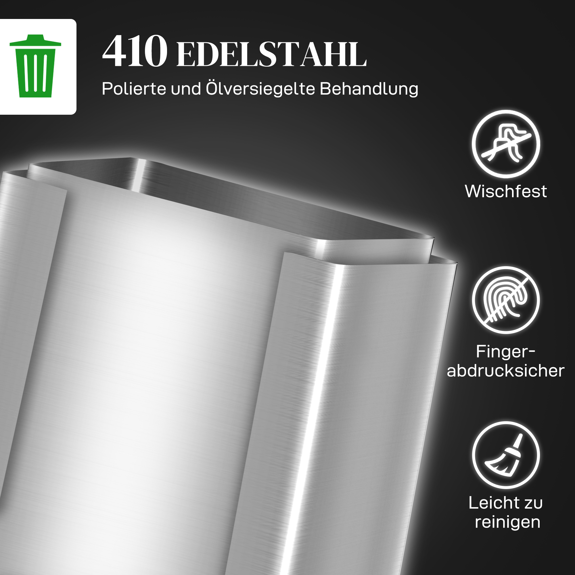 Mülleimer mit 2x20l Fächern, Soft-Close-Deckel, Fingerabdrucksicher, Edelstahl, Silber