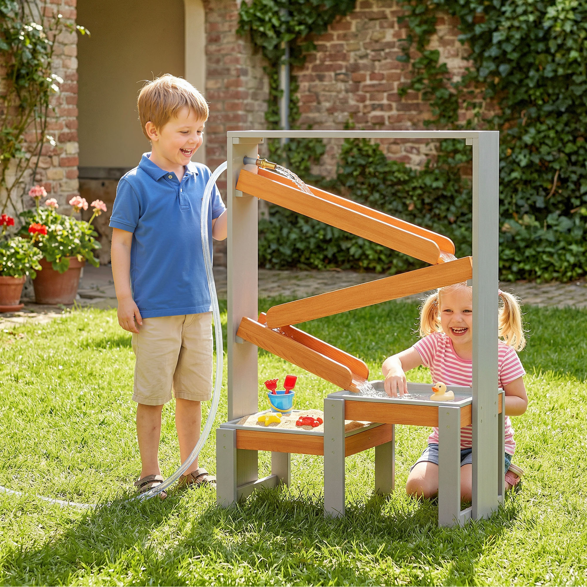 Sand Wasserspieltisch, Holz Wassertisch, Matschtisch mit Wasserbahn, 2 Becken Sandkastentisch für 3-8 Jahre Kinder Grau