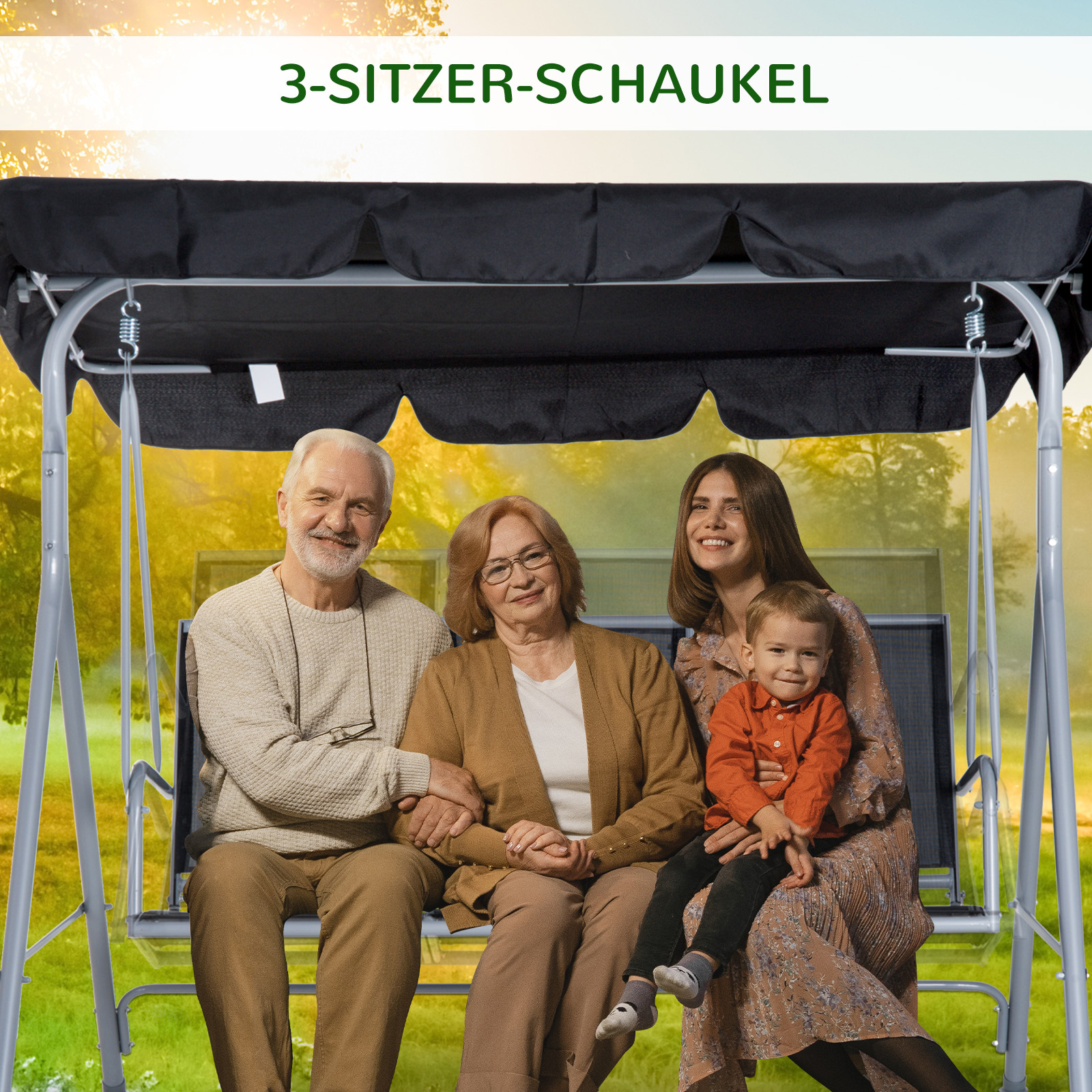 Hollywoodschaukel mit verstellbarem Sonnendach, 3-Sitzer Gartenschaukel mit Anti-Rutsch-Füßen, Schaukelbank belastbar bis 240 kg, Gartenliege für Garten, Terasse, 171x108x150cm, Schwarz