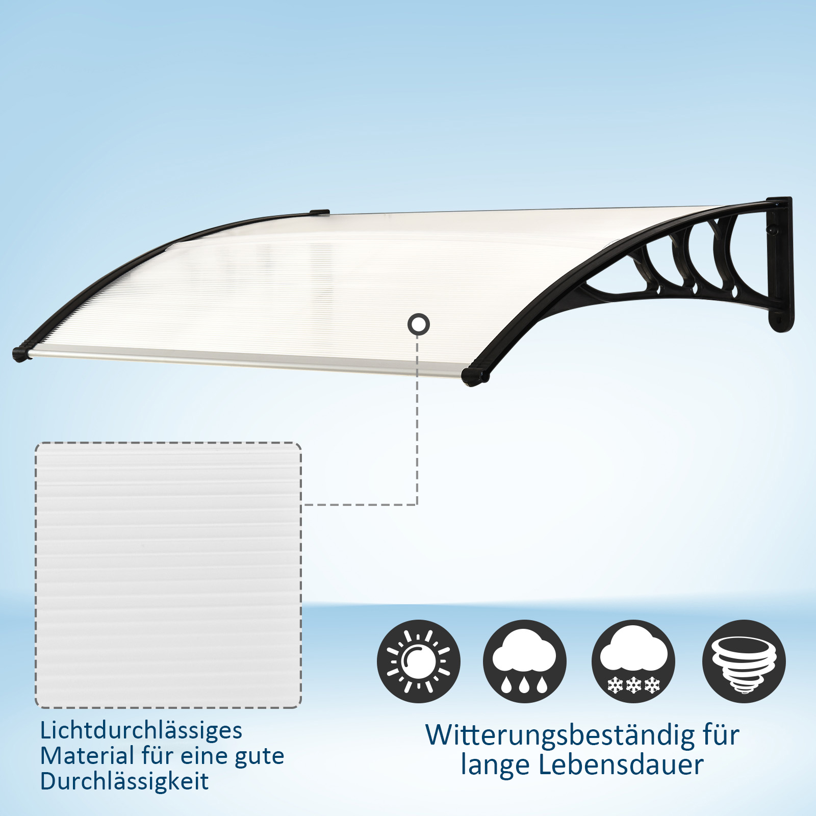 Vordach Haustürvordach 75 x 100 cm Pultvordach Überdachung Polycarbonat Weiß