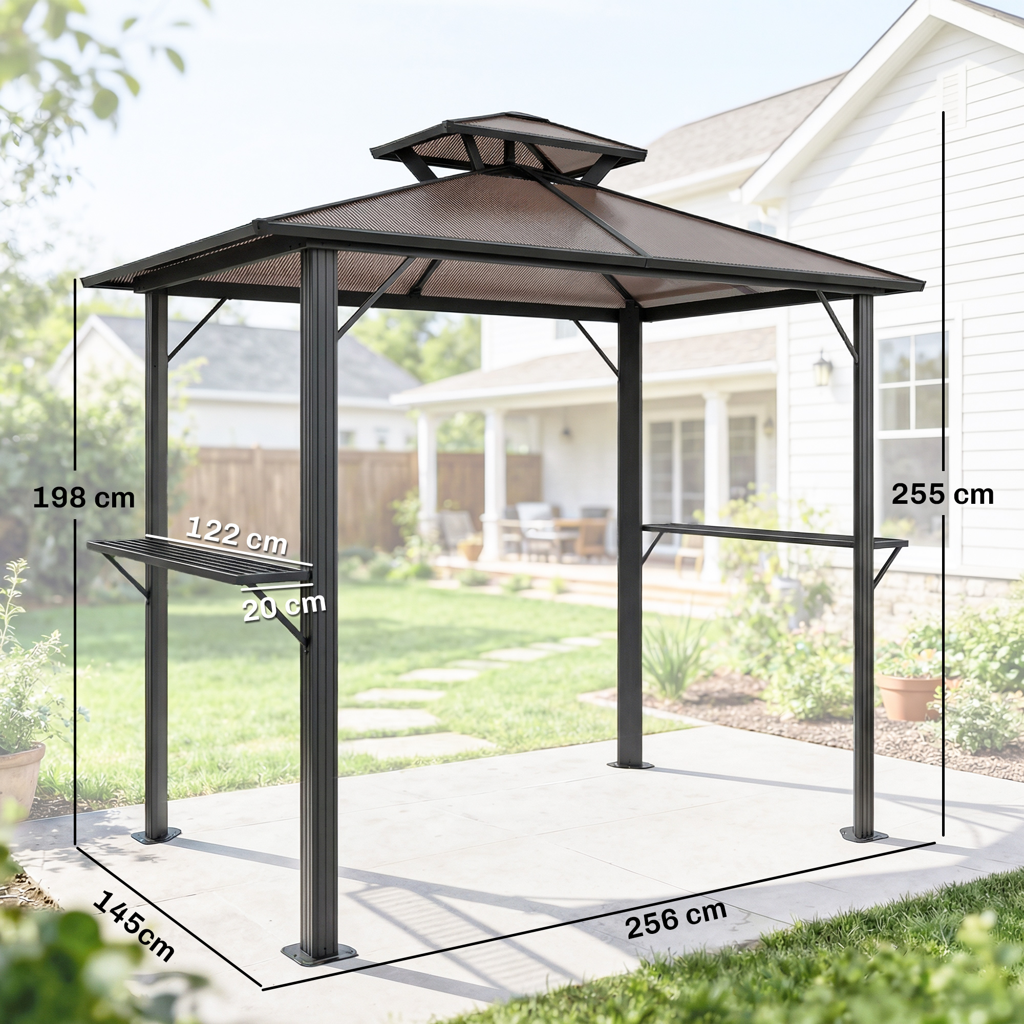 Grillpavillon 2,5 x 1,5 m, Wasserdicht Grillüberdachung mit Doppeldach aus Polycarbonat Seitenablage Braun