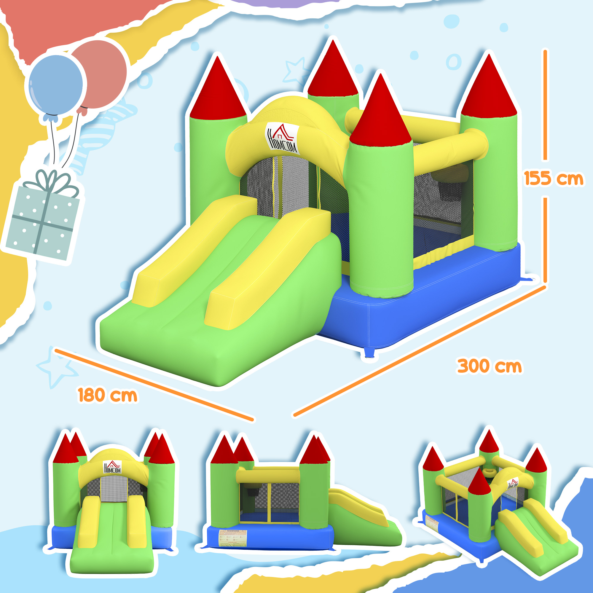 Hüpfburg mit Rutsche und Sicherheitsnetz, bis 100 kg, 3-10 Jahre, 300x180x160cm