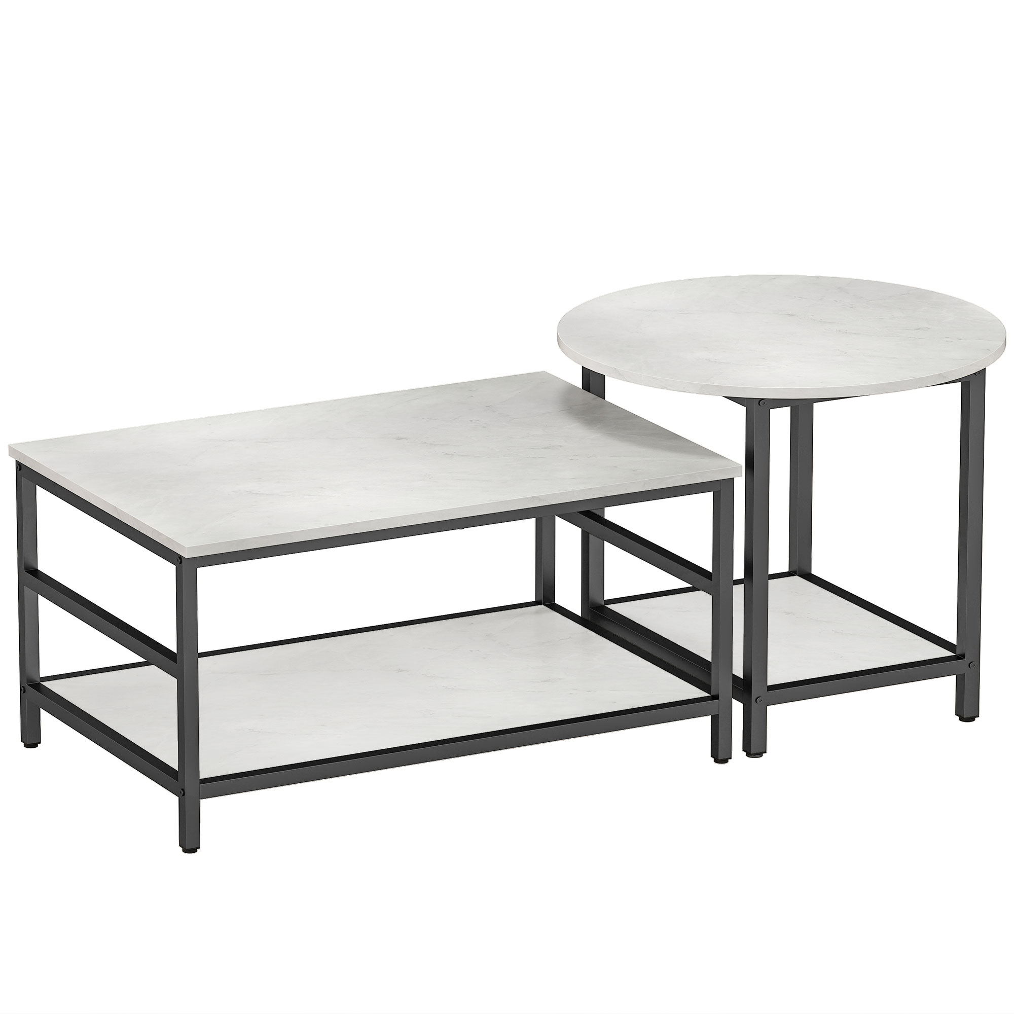 Couchtisch-Set, 2 Beistelltische, Marmoroptik, verstellbare Füße, Stahl, Schwarz/Weiß