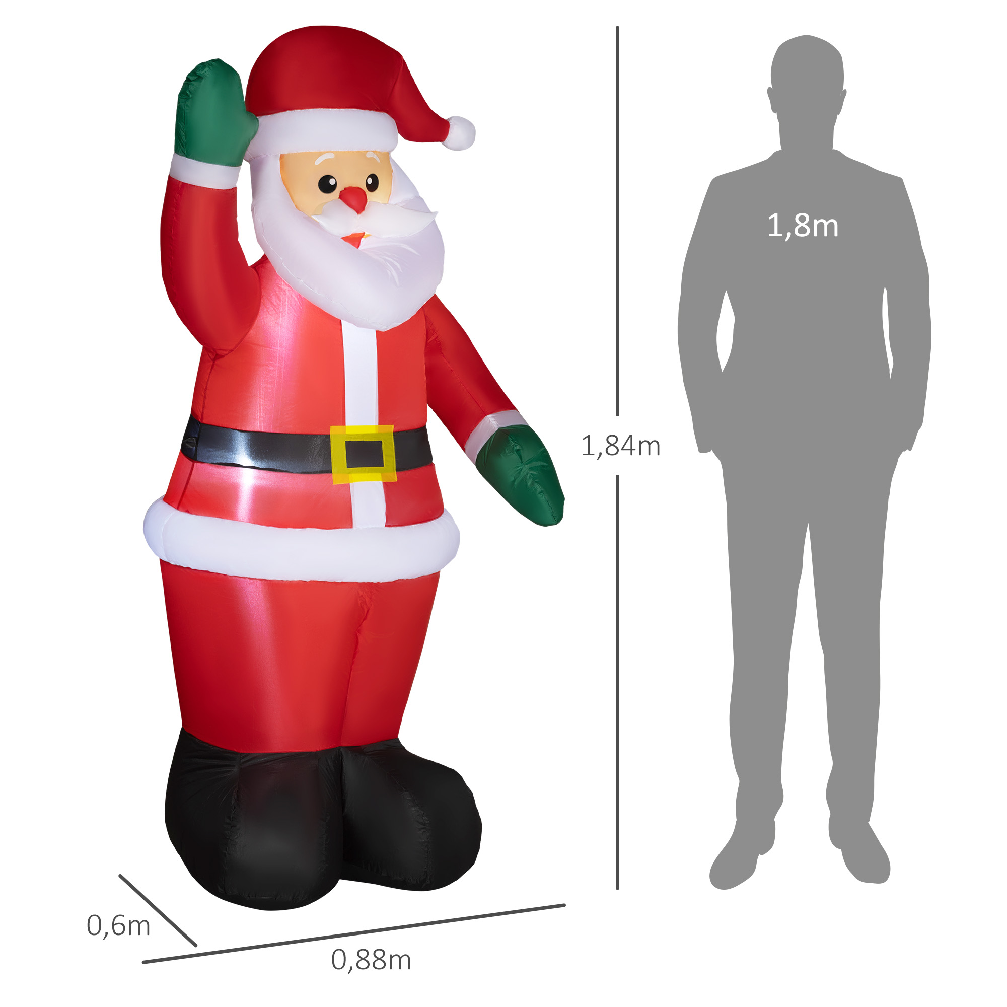 Weihnachtsmann, 1,84 m groß, mit LED-Beleuchtung, selbstaufblasende Gartendeko