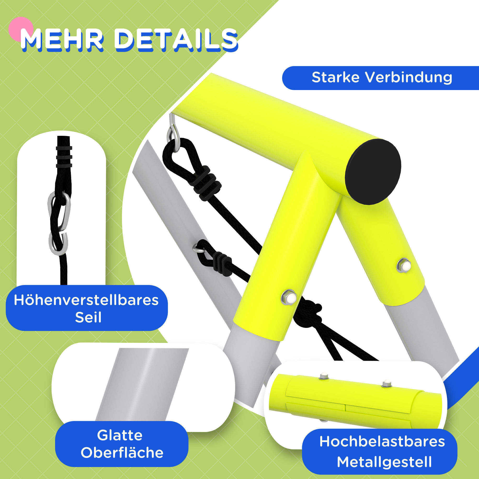 Kinderschaukel-Set, mit Kletternetz und Sprossenleiter, für Kinder 3-8 Jahre, Stahlgestell, Grün