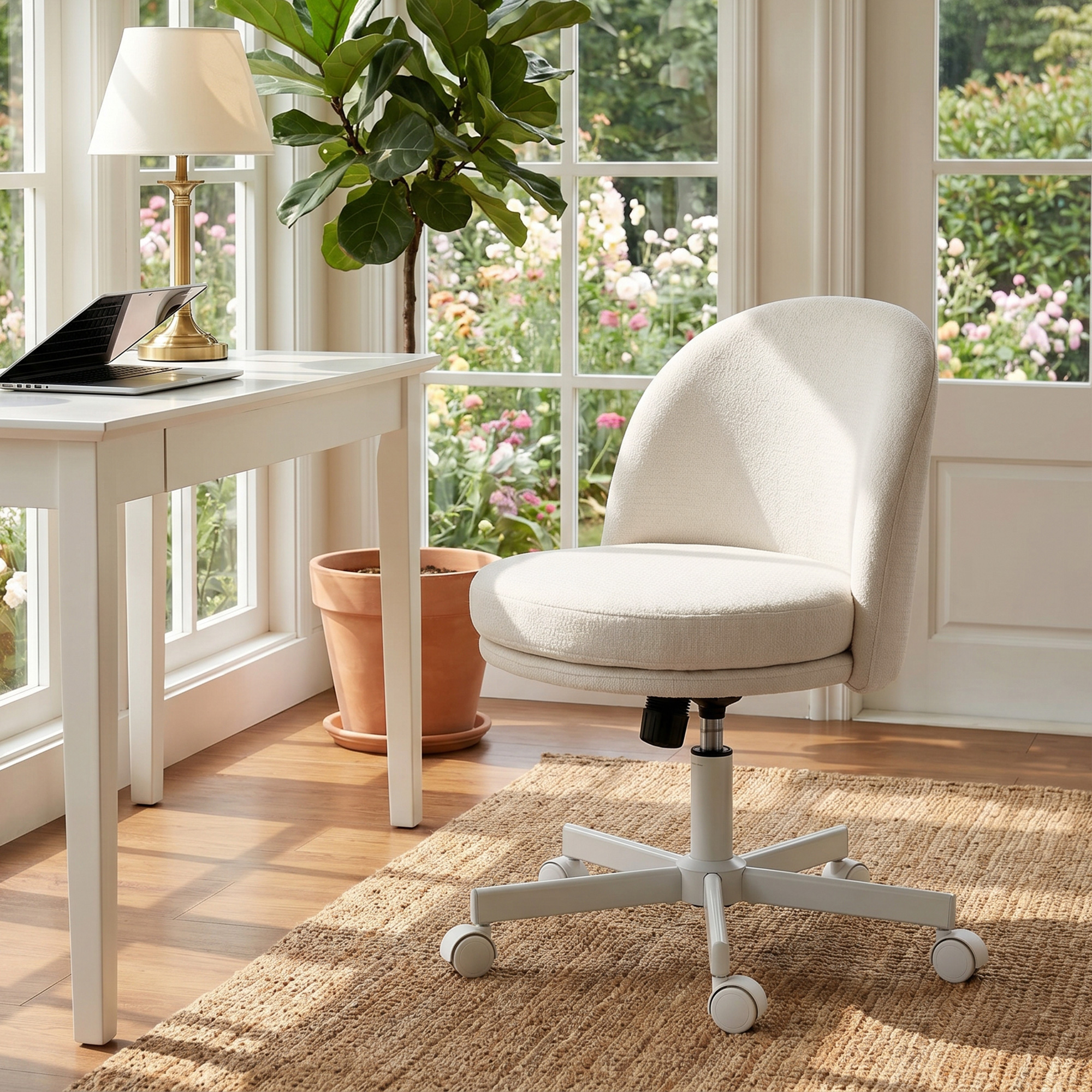 Homeoffice Stuhl Höhenverstellbar Schreibtischstuhl mit Chenille-Optik, Schminkstuhl mit Wippfunktion Creme
