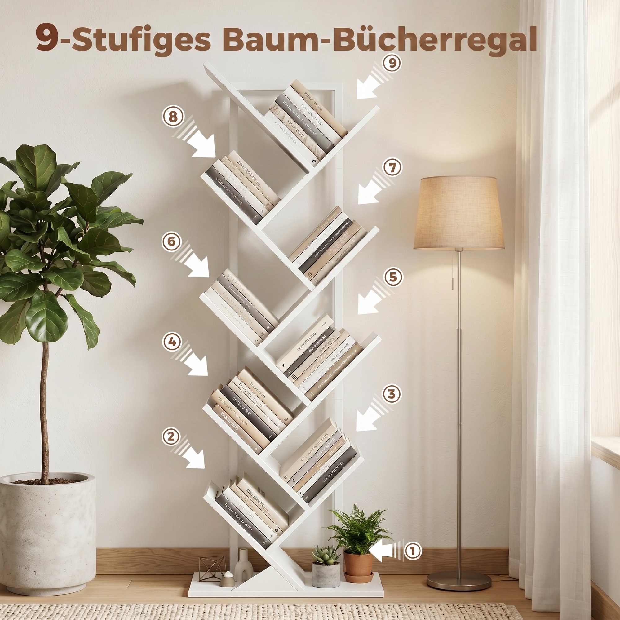 9-stufiges Baum-Bücherregal, freistehendes industrielles Bücherregal mit Stahlrahmen, Aufbewahrungseinheit für CDs, DVDs, Weiß