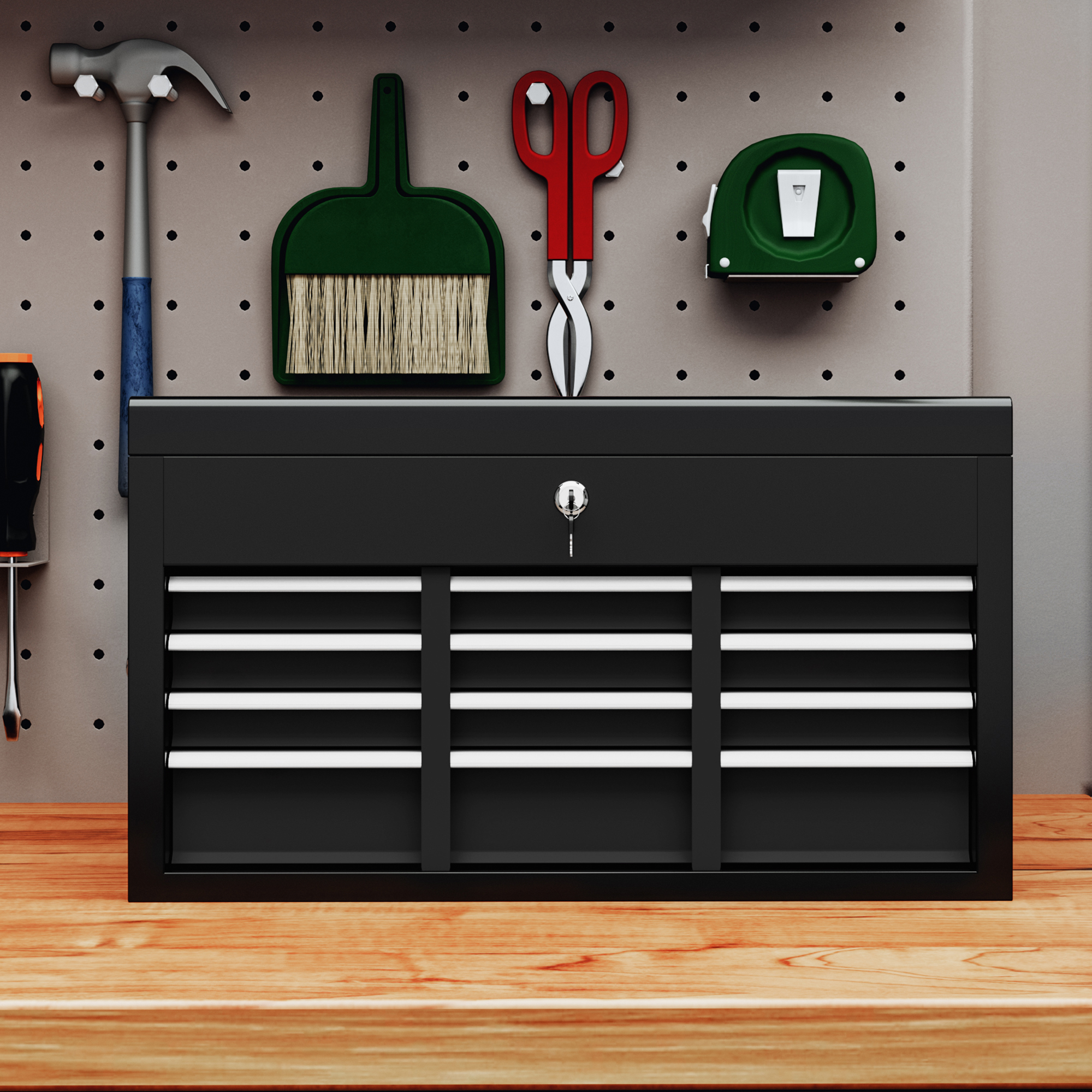 Werkzeugkiste, abschließbar, 3 Schubladen, Stahlgehäuse, 60x26x34cm, Schwarz