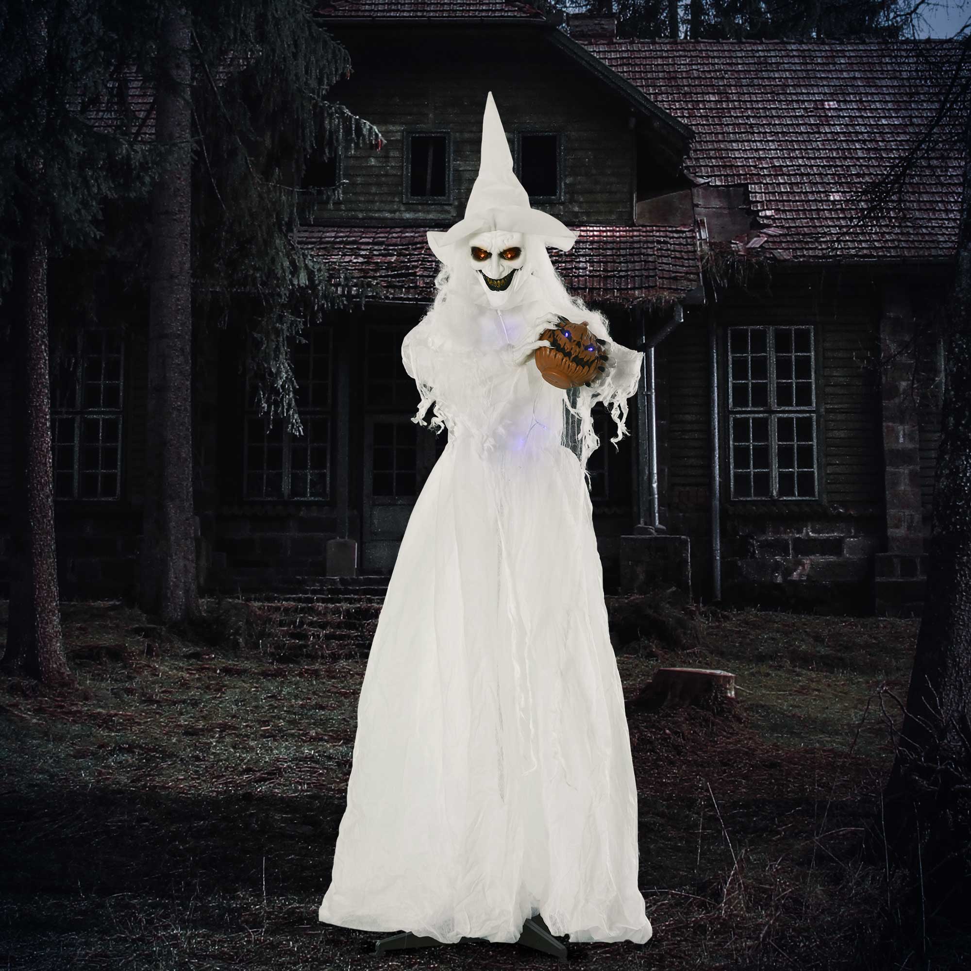 189 cm Weiße Hexe mit Kürbiskopf, lebensgroße Halloween-Außendekoration