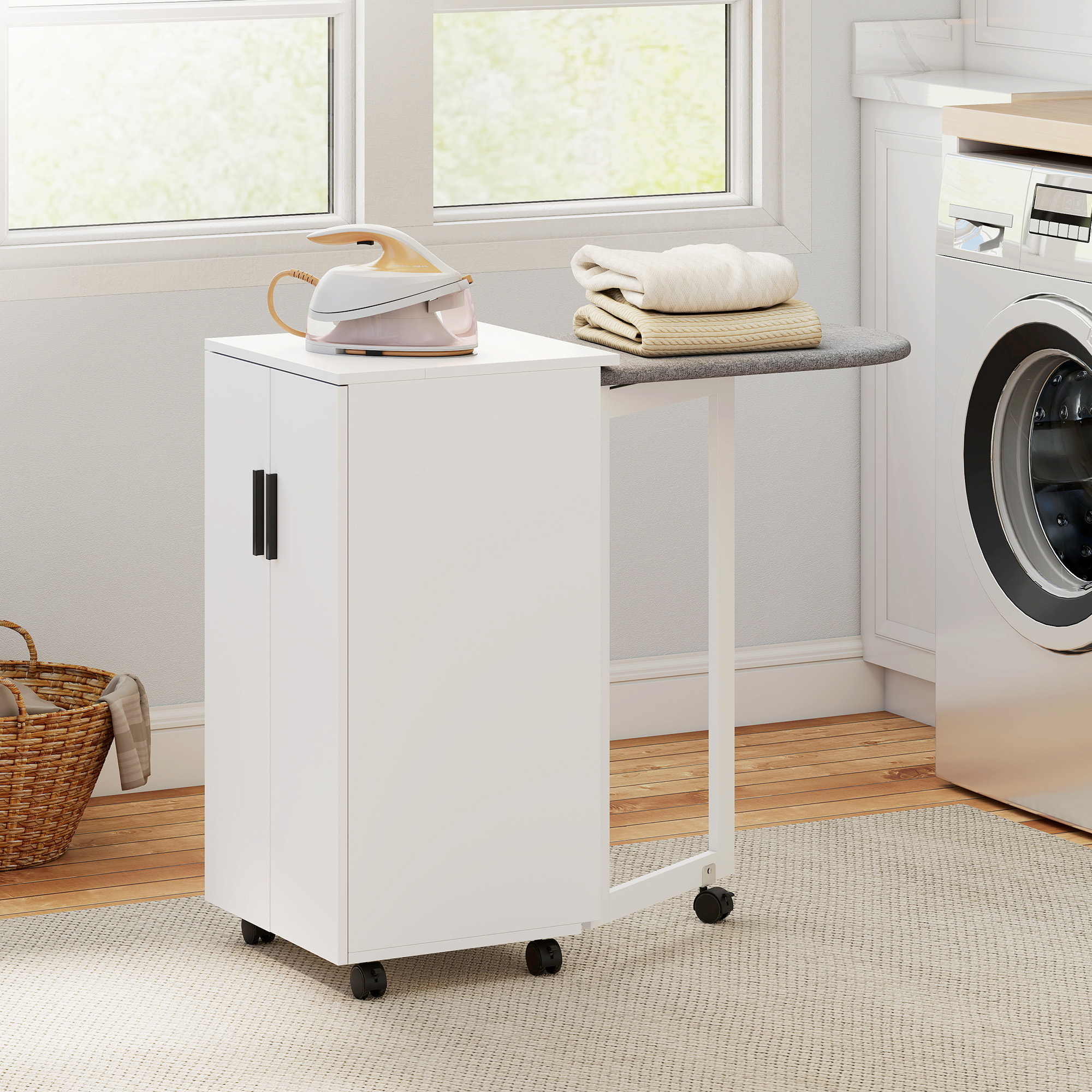 2-in-1 faltbarer Bügelbrettschrank auf Rollen mit Bügelbrett und verstellbarem Regal für kleine Räume, Weiß
