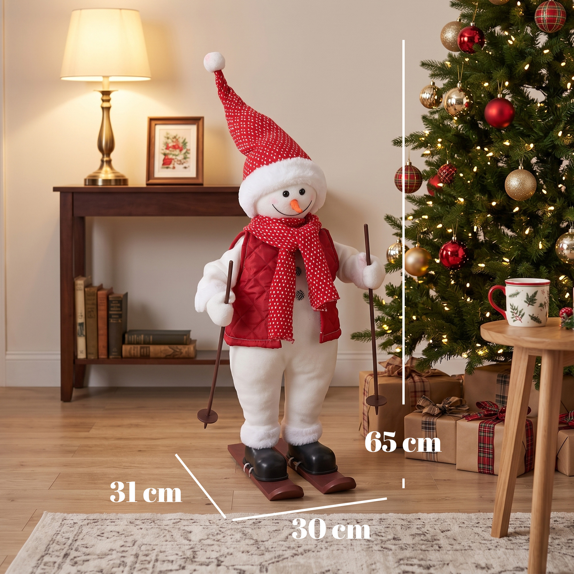 Singender Skifahrer-Weihnachtsmann, 65 cm, animierte Weihnachtsfigur mit Skiern, Stöcken und Sound-/Berührungsaktivierung