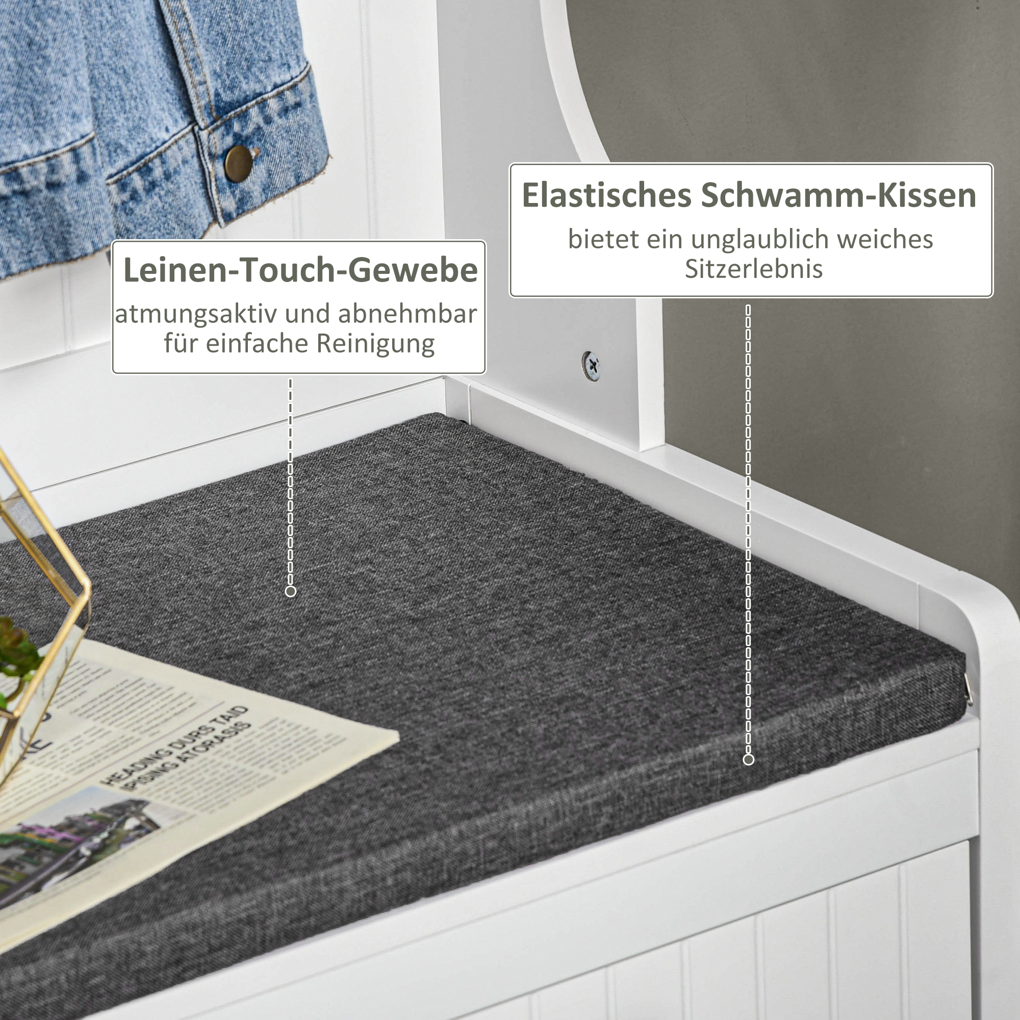 Garderobenständer mit Haken, Garderobe mit Schuhbank, für Eingangsbereich, Flur, Metall, MDF, Weiß+Grau