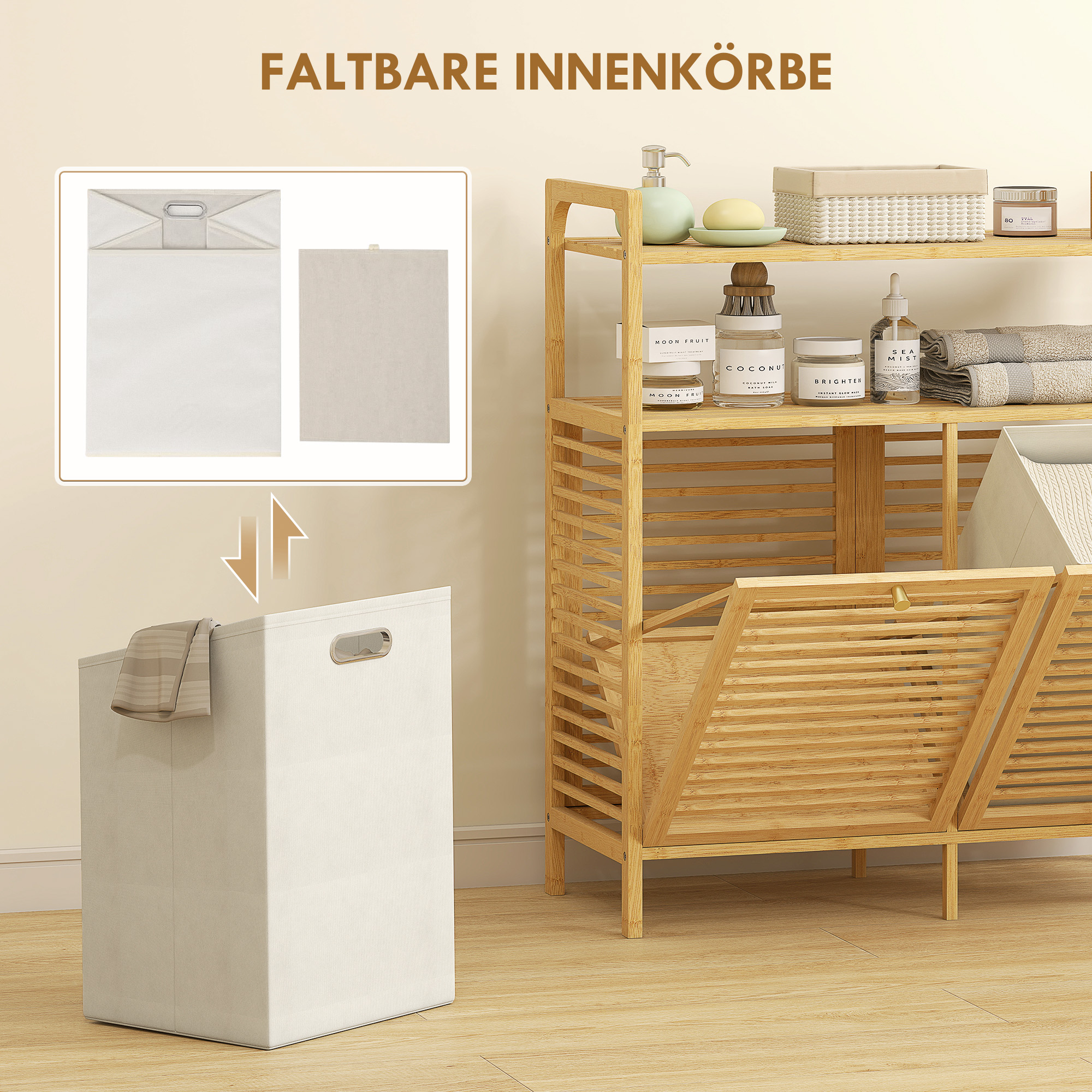 Wäscheregal mit 2 Wäschekörben, freistehendes Bambusregal für Badezimmer, Waschküche, Naturholz+Cremeweiß