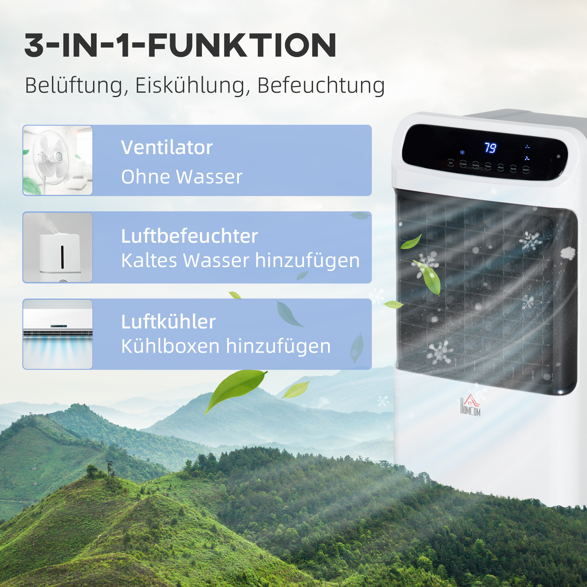 Klimaanlage mit Wasserkühlung Fernbedienung 3 Modi, 3 Geschwindigkeiten, 12 Std-Timer, LED-Anzeige, 38x35x81 cm Weiß
