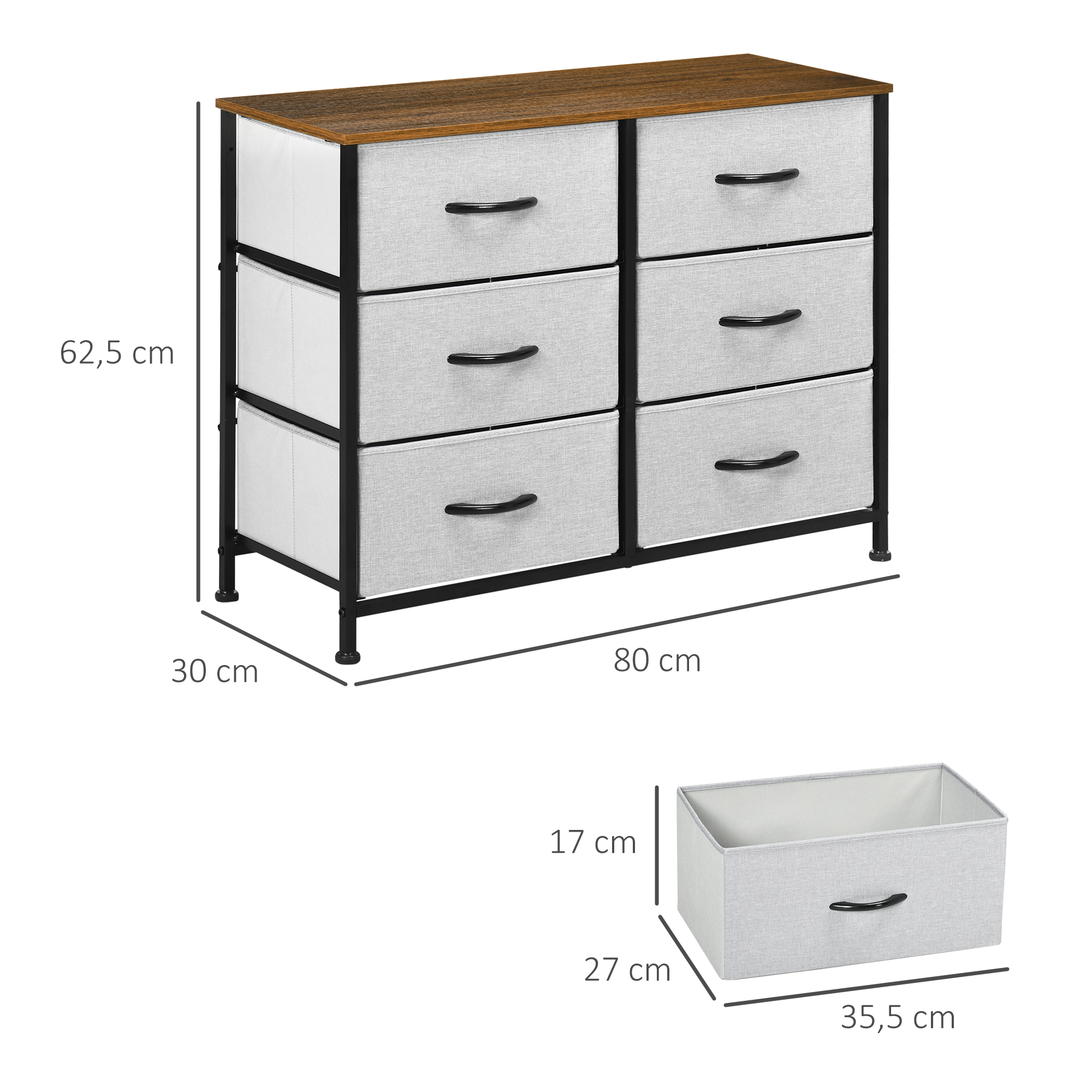 Kommode Sideboard, 6 Schubladen, Stoffschubladen, 80 cm x 30 cm x 62,5 cm, Braun + Schwarz + Grau