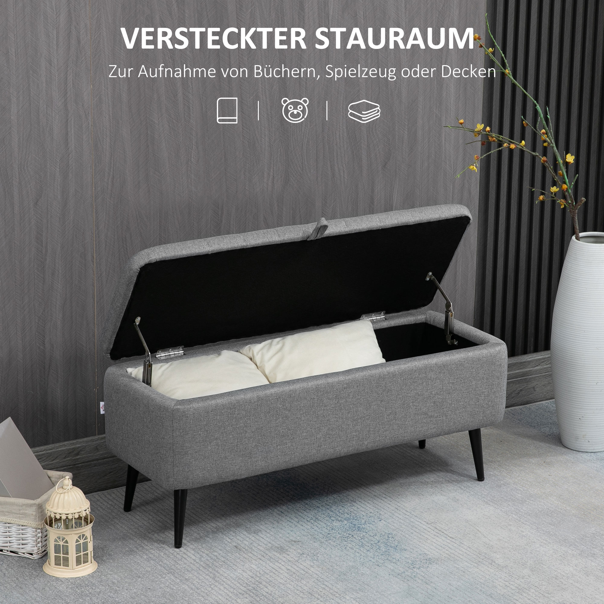 Sitzbank mit Stauraum Polsterbank mit Leinenoptik, Sitztruhe mit Stahlbeine 102 x 40 x 44 cm, Grau