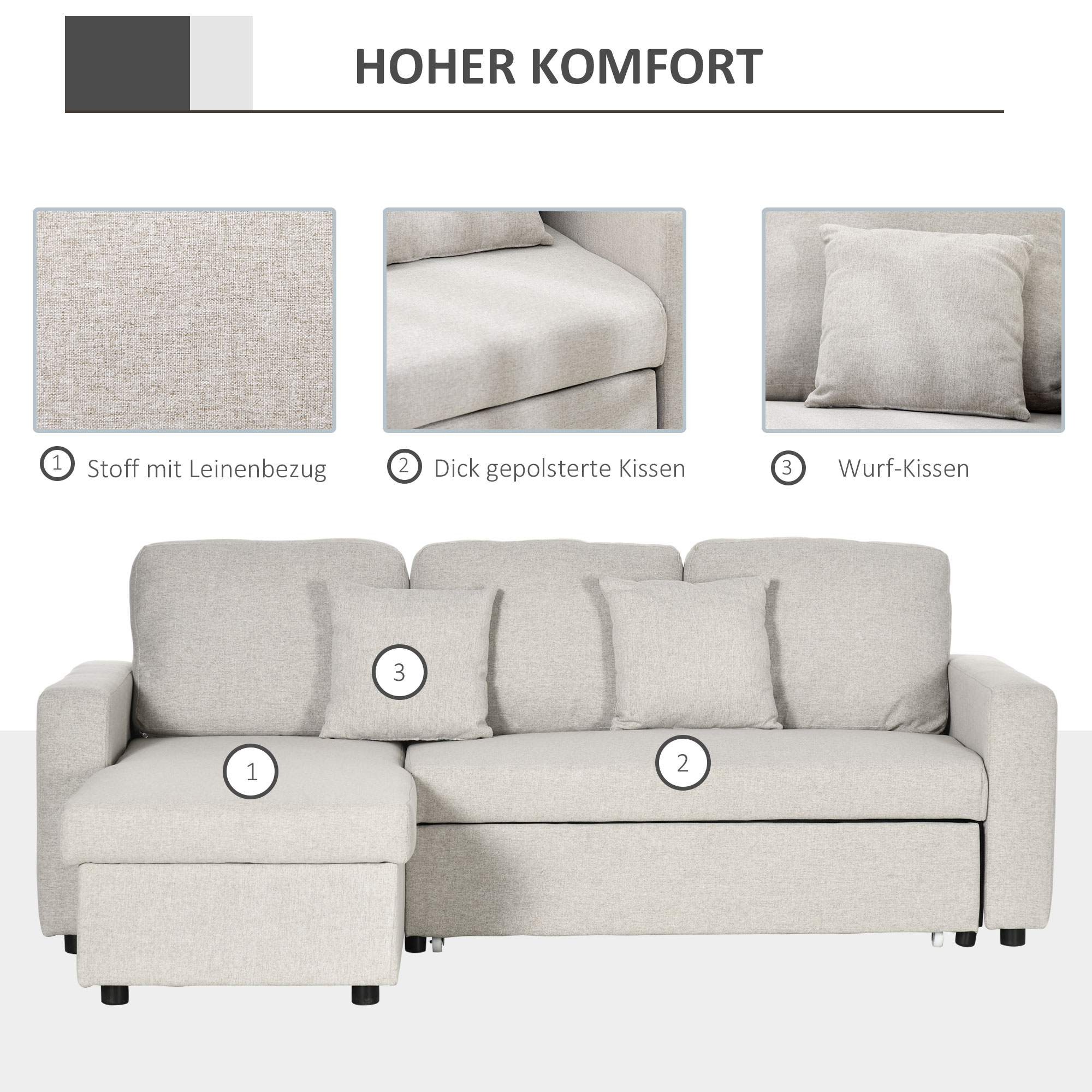 Ecksofa mit Bettfunktion, Eckcouch inklusive 2er-Sitz Sofa, Einzelbett, L-Form mit Stauraum, 2 Kissen Cremeweiß
