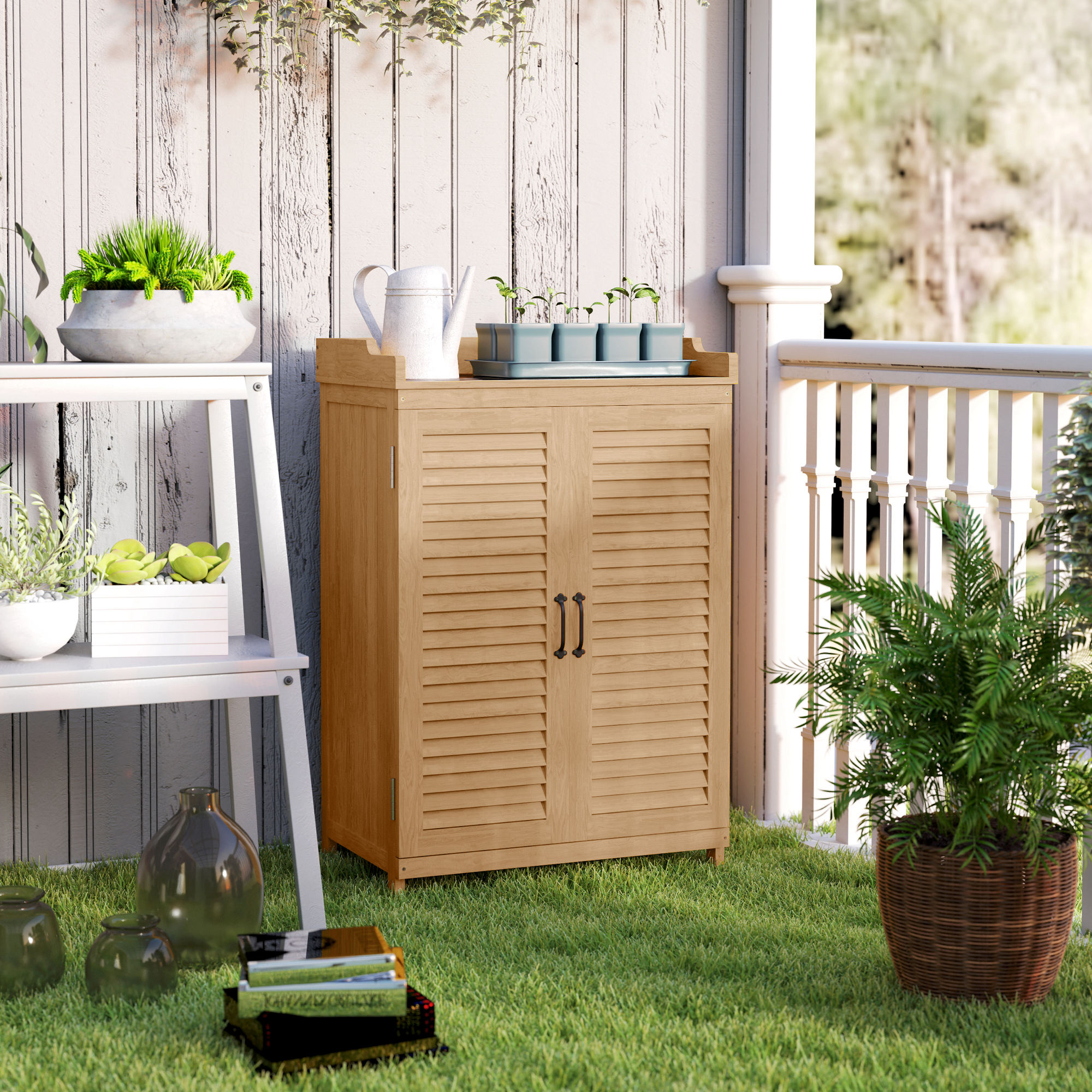 Gartenschrank Holz, Geräteschuppen mit Arbeitsfläche, wetterfest Geräteschrank, 65,5x40x98,5cm Gelb