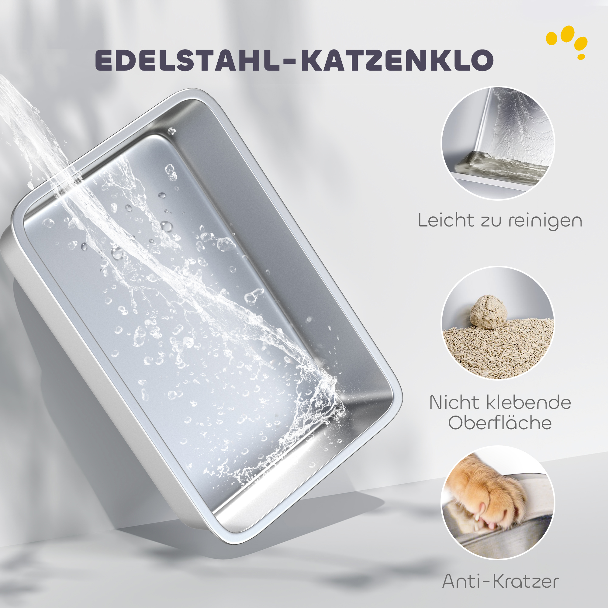 Katzentoilette, Edelstahl, XL-Innenraum, mit Schaufel, Hellgrau