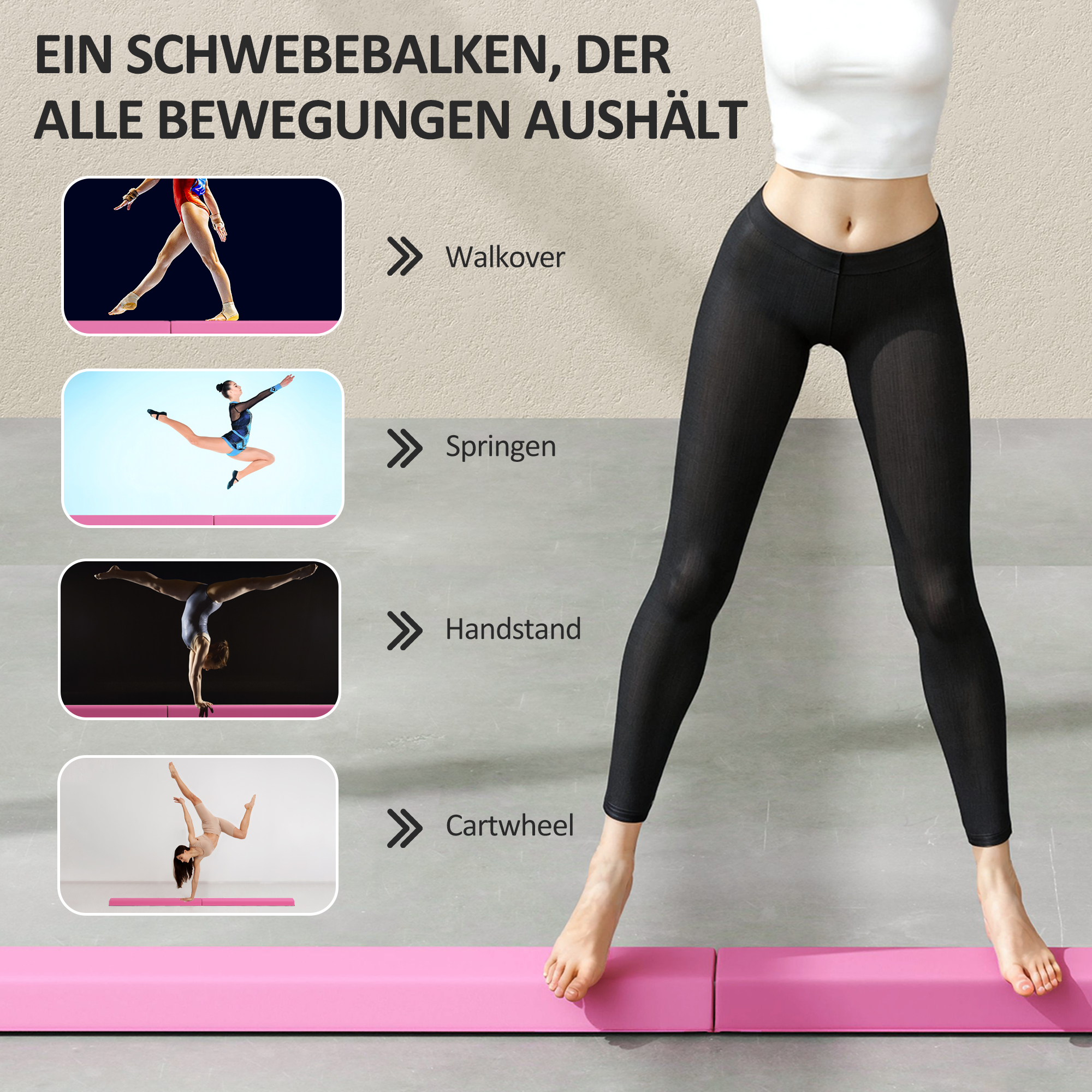 Schwebebalken 2,4 m, faltbar, rutschfester Boden, für 3+ Jahre, bis 80 kg, Hellrot