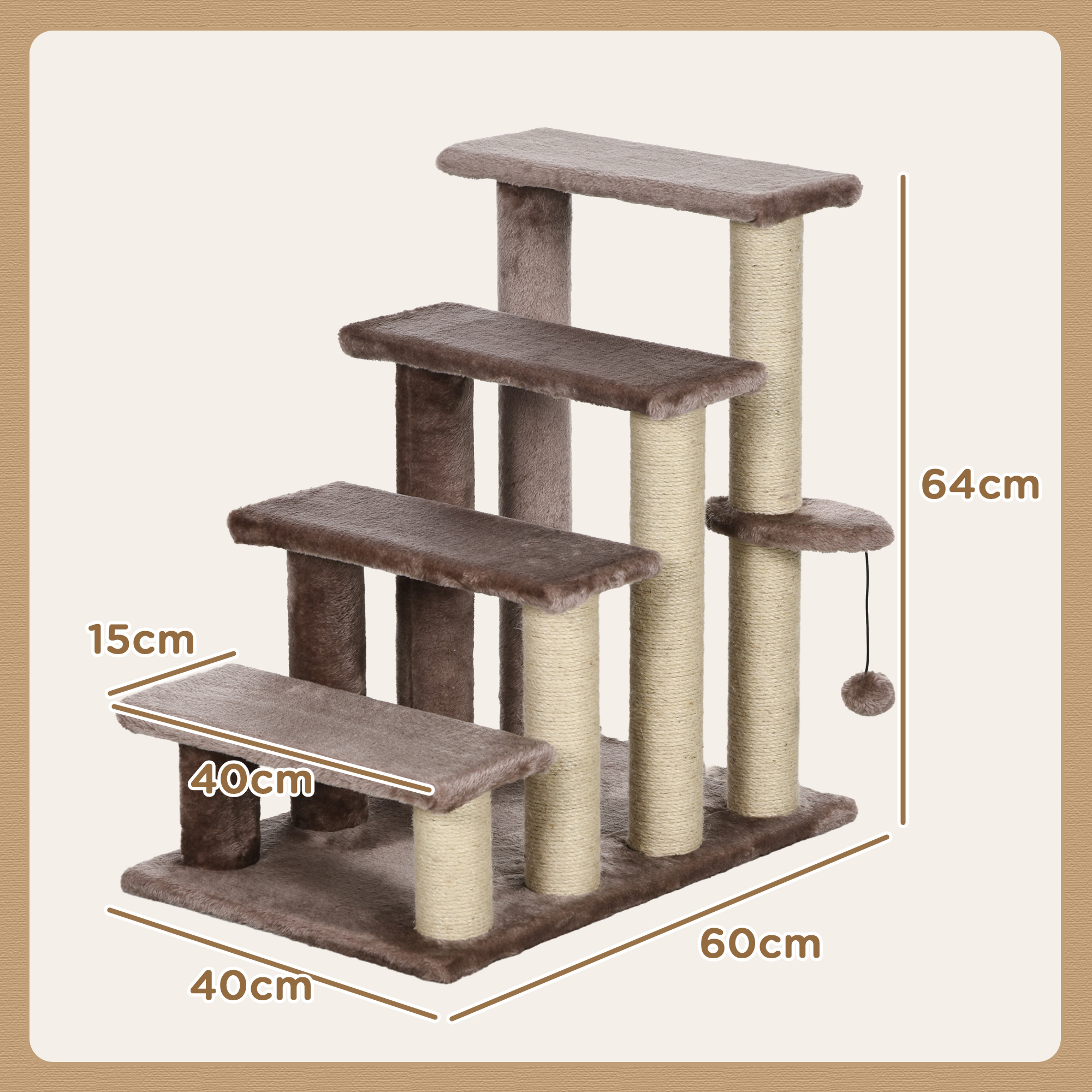Haustiertreppe, Kratzbaum, 4-stufig, für Tiere bis 5 kg, 60x40x64cm, Braun