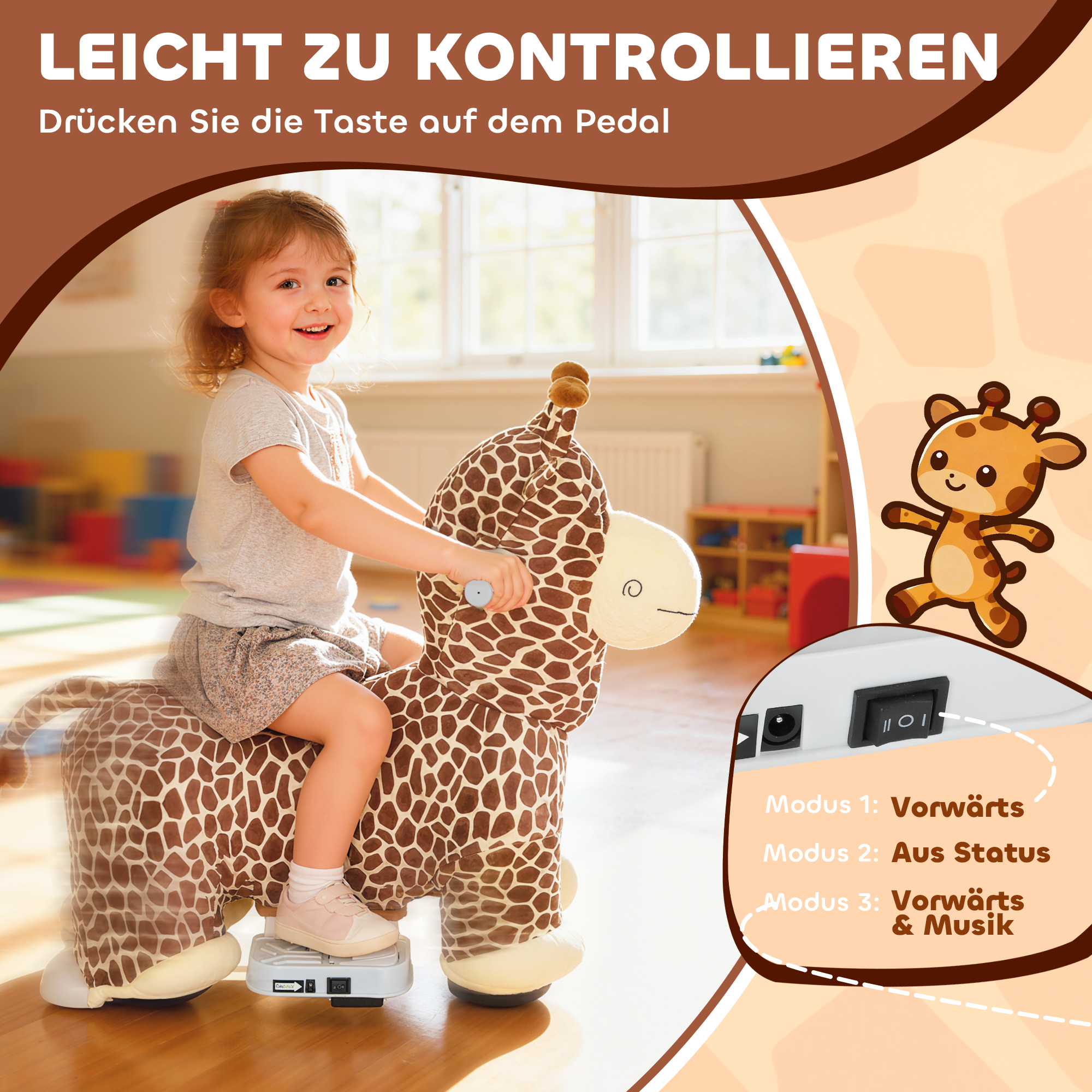Giraffe zum Reiten, fahrendes Reitpferd in Giraffenform, Batteriebetrieb, waschbarer Bezug, Pedale, leise Räder, Musik, 1,5-5 Jahre, Braun